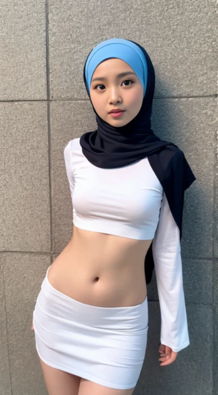 a girl wearing black hijab at home.. wearing white long sleeves oversize crop top... wearing g string  only.. no pants.. she was standing straight.. her hands above her head.. soft stomach.. less lighting