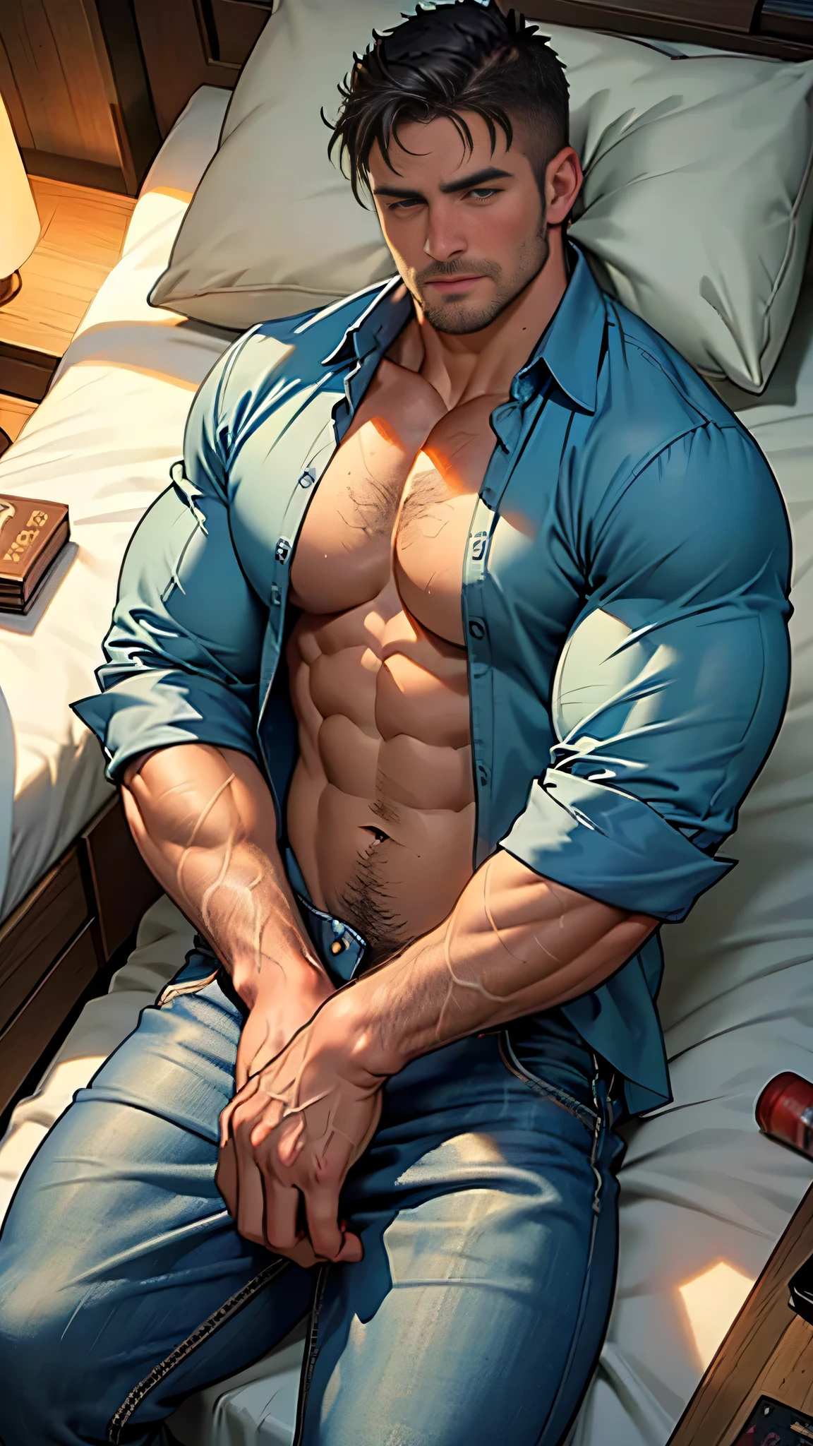 Highest quality, masterpiece, 8K, male, short black hair, bright color, bright picture, muscular, short beard, mature, tall, strong, abs, sweat, lying in bed, bulge, super short hair, pectoral muscles, plump, shirtless, white panties, leg raise