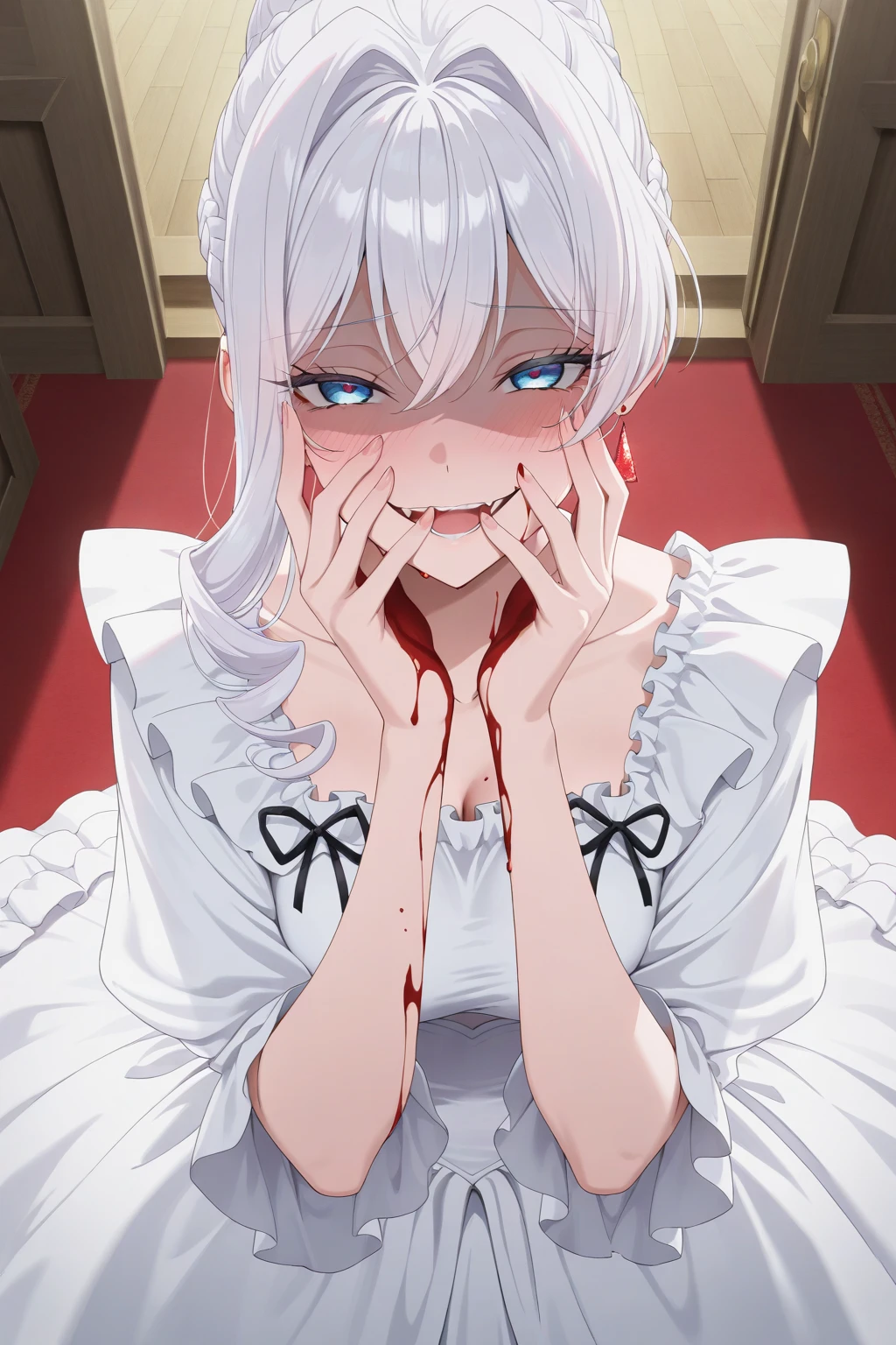 (masterpiece, best quality),  intricate details,
1girl,    Boosette_Mario, , long hair, white hair, long white dress, ballroom dress, white gloves, 
indoors, bathroom, toilet, urinal,  torn clothes, blood on face, scared, (purple eyes), (drenched on Blood), (((bath on Blood))), (((Blood)))