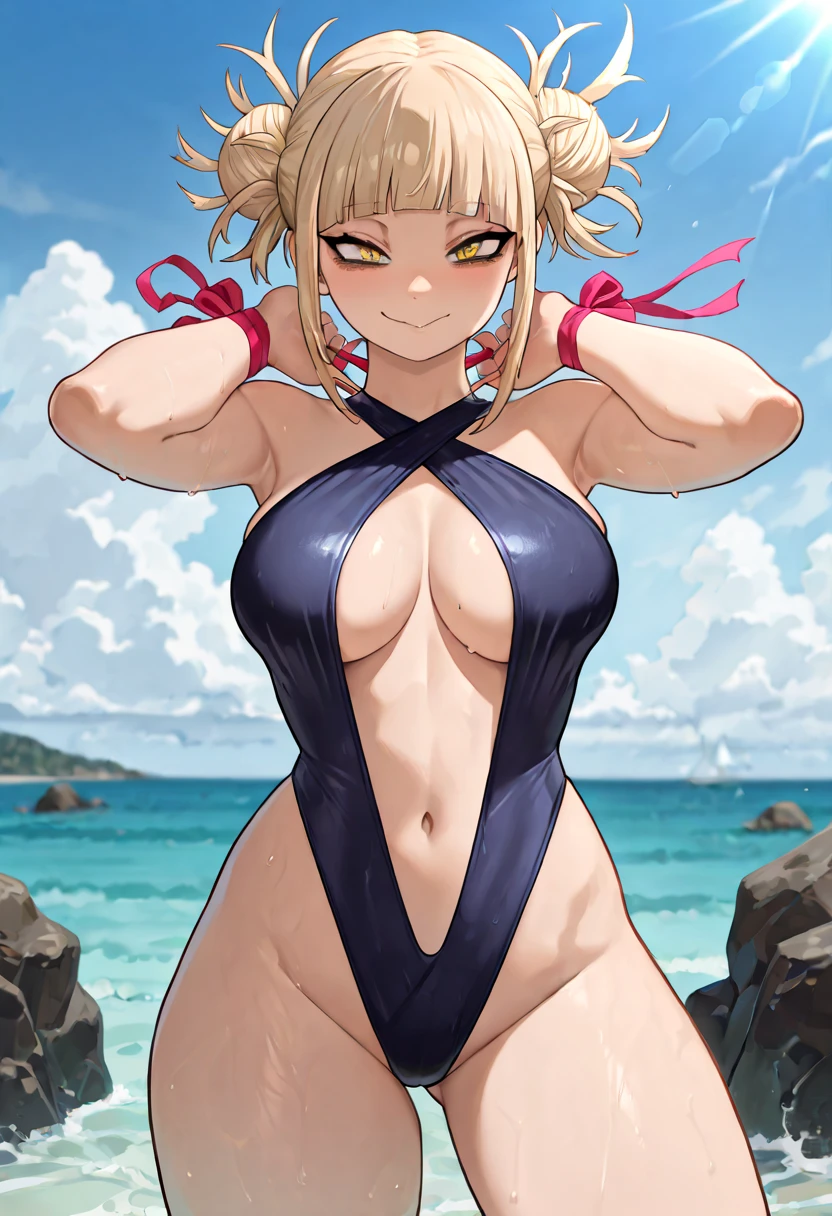 （（（masterpiece、Highest image quality、highest quality、highly detailed unity 8ｋwallpaper）））、（（Illustration of one girl））、（（（beautiful girl）））、（（blonde、two side up、sidelocks：1.6、green eyes））、（（（tall：1.4、stocky build：1.9, thickset physique：1.7, muscular legs：1.4, broad shoulders：1.7, solid ?????：1.7）））、swimsuit、sandy beach