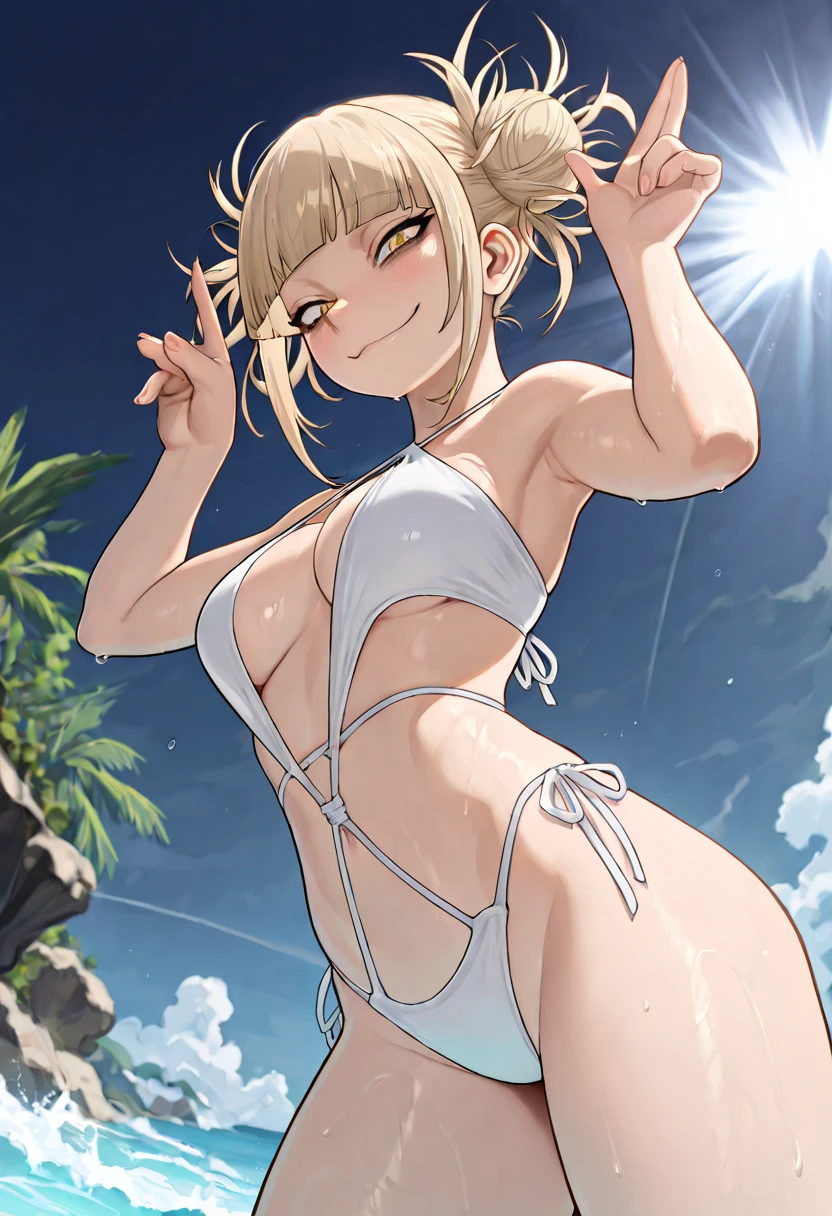 1girl, glowing, glowing eye, short hair, smile, teeth, upper body, upper teeth only, ringed eyes, micro , small , beach, 2d art, splash art, illustration, digital art, best quality, hard shading