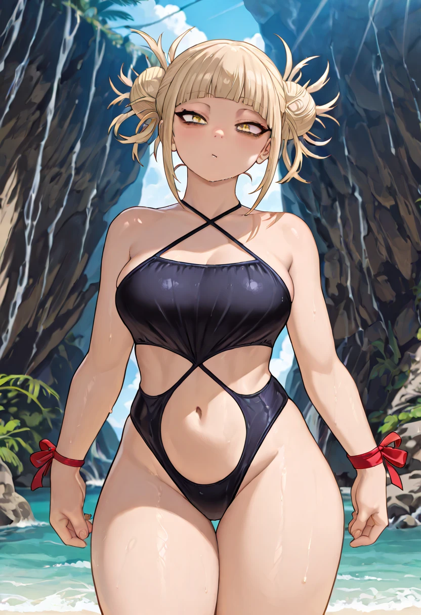 best quality, high resolution, ?????????????, blonde hair, blush, embarrassed, cowboy shot, looking at viewer, bowsette, pink lip, (into the volcano), (bathing in lava), ???? legs, black slingshot swimsuit, (((oiled body)))