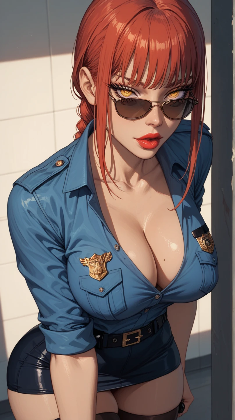 masterpiece, best quality, sfJuni, orange hair, blue eyes, hat, necktie, red gloves, ribbed ????????, ?????????????, upper body, slight smile, looking at viewer, indoors, futuristic building 