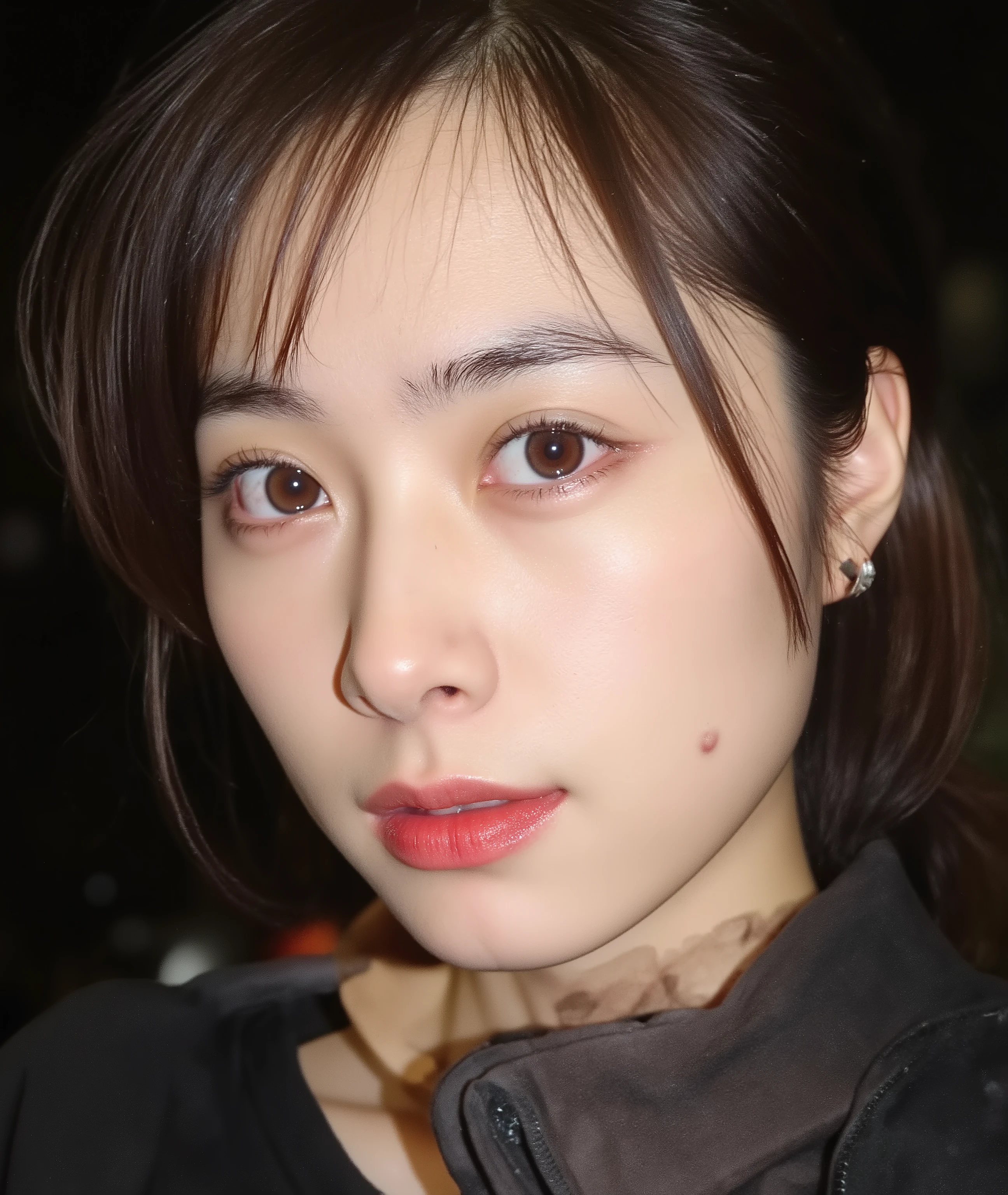 The image is a close-up photograph of a young Asian woman with a fair complexion. Her face dominates the frame, occupying the majority of the image, with her eyes, nose, and lips prominently visible. She has large, almond-shaped eyes with long, thick eyelashes, and her skin is smooth and soft. Her lips are full and slightly parted, revealing a natural, rosy hue. She wears a small silver stud earring in her left ear, adding a subtle touch of personal style.

Her hair is long, dark brown with subtle highlights, and it partially covers her forehead, giving a slightly tousled, casual look. The background is out of focus, but it appears to be a dark, possibly indoor setting, which emphasizes her face and provides a stark contrast to her light complexion. She is wearing a black garment, possibly a top or a sleeve, which is visible at the bottom of the image. The overall mood of the photograph is intimate and personal, capturing a candid moment with a natural, unfiltered aesthetic.