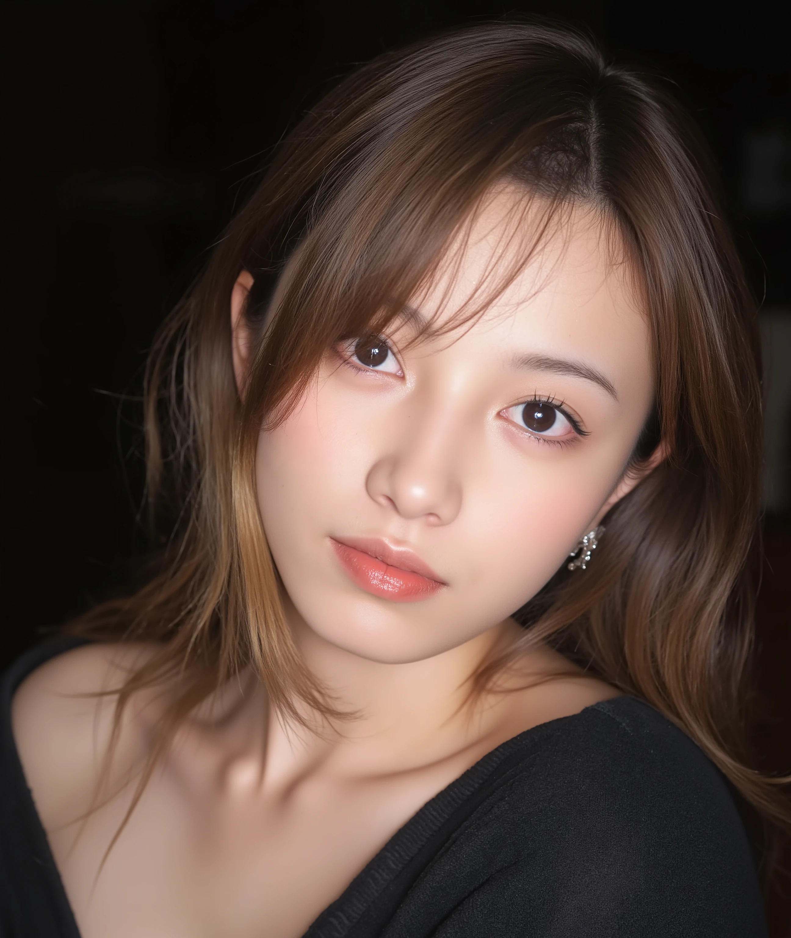 The image is a close-up photograph of a young Asian woman with a fair complexion. Her face dominates the frame, occupying the majority of the image, with her eyes, nose, and lips prominently visible. She has large, almond-shaped eyes with long, thick eyelashes, and her skin is smooth and soft. Her lips are full and slightly parted, revealing a natural, rosy hue. She wears a small silver stud earring in her left ear, adding a subtle touch of personal style.

Her hair is long, dark brown with subtle highlights, and it partially covers her forehead, giving a slightly tousled, casual look. The background is out of focus, but it appears to be a dark, possibly indoor setting, which emphasizes her face and provides a stark contrast to her light complexion. She is wearing a black garment, possibly a top or a sleeve, which is visible at the bottom of the image. The overall mood of the photograph is intimate and personal, capturing a candid moment with a natural, unfiltered aesthetic.
