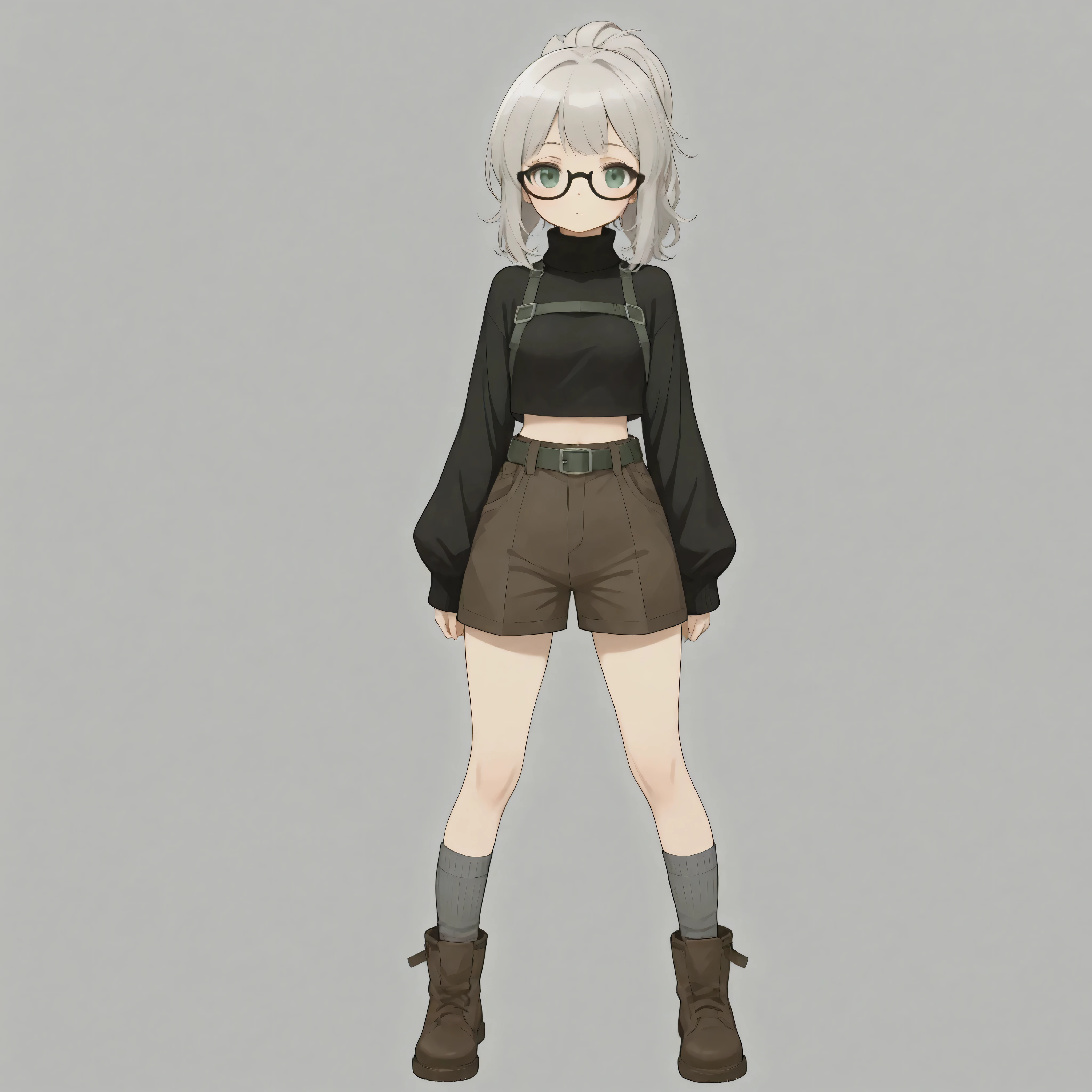masterpiece, best quality, high resolution, 8K, clear outline, clear color, 1girl, solo, little girl fran francie, flat breasts, black turtleneck shirt, long sleeves, wide belt, dark brown shorts, gray over-the-knee socks, dark brown short boots, standing, white solid background