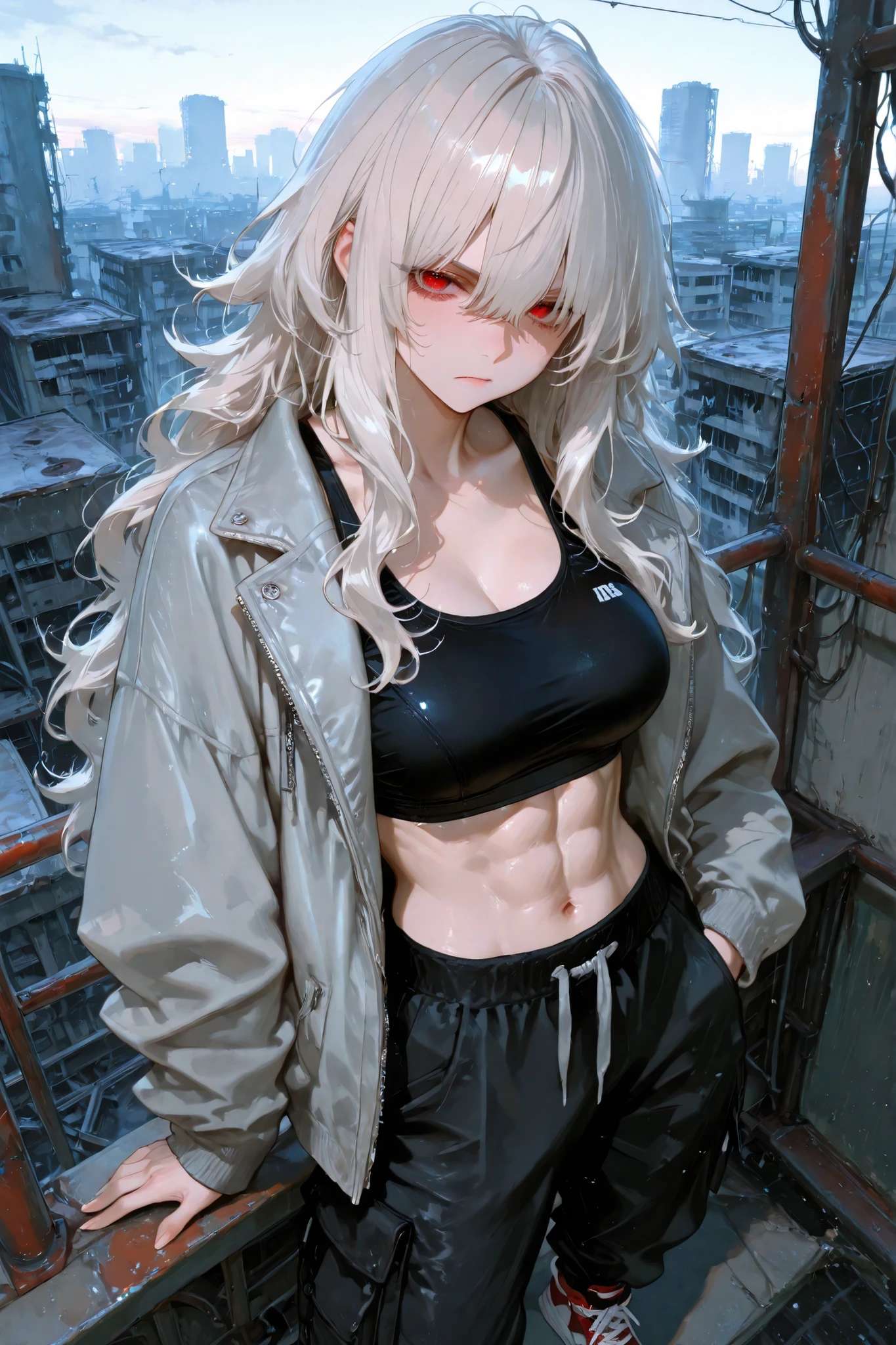 wolfcut, fluffy hair, voluminous hair, wavy centerparted, wavy bangs, wavy hair, wolfcut, 748cmstyle, 1girl solo, ultrahd, best quality, highres, beautiful eyes, best eyes, good eyes, 8k, 4k, ultrahd, tall, wolf cut, platinum hair, abs, sports bra, black sports bra, cargo pants, jacket, open jacket, gray jacket, black pants, sneakers, rooftop, city, industrial complex, abandoned buildings, red eyes, fit, athletic, disheveled hair, wild hair, middle part, wavy hair, long hair, looking at viewer, slightly annoyed, mature