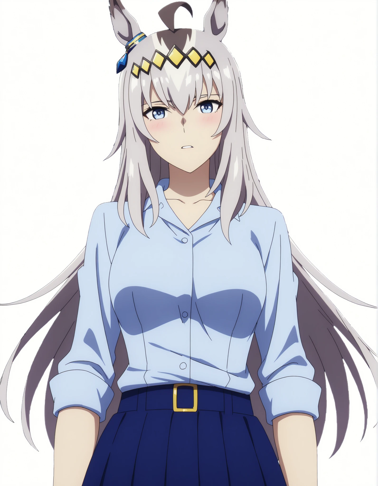 Oguri,,Uma Musume
Watch high quality , Highest Quality , masterpiece, high resolution , detailed face( Lola: Oguri),anatomically accurate, detailed hair(Lola: Oguri) ,Detailed Bang(Lola: Oguri),Anime Coloring Book, anime screencap, anime coloring, ,
solos, 1 Girl, , LONG HAIR, Horse Years, gray hair, stupid hair, horsetail, Blue Eyes, (tsurime), Coloured Hair,
Oguri collared shirt, skirt, standing, ((aged up:1.2)), medium breasts, pale skin, cowboy shot,
viewers watching, head tilt, light embarrassed, (white background, simple background),
parted lips, ,((dynamic angle)), ,