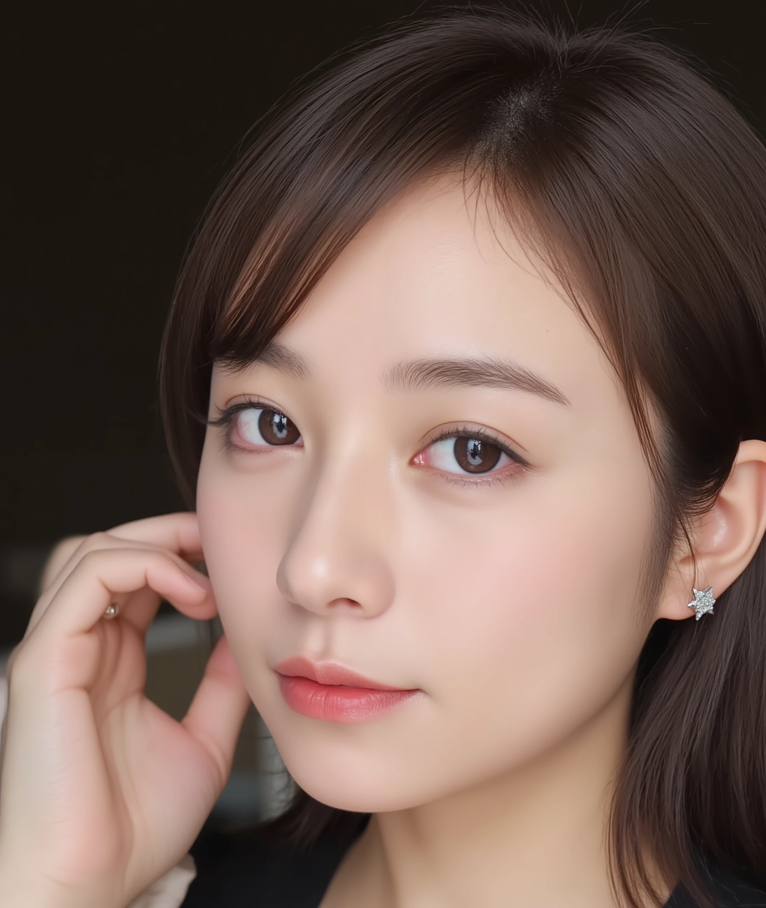 The image is a close-up photograph of a young Asian woman with a fair complexion. Her face dominates the frame, occupying the majority of the image, with her eyes, nose, and lips prominently visible. She has large, almond-shaped eyes with long, thick eyelashes, and her skin is smooth and soft. Her lips are full and slightly parted, revealing a natural, rosy hue. She wears a small silver stud earring in her left ear, adding a subtle touch of personal style.
Her hair is long, dark brown with subtle highlights, and it partially covers her forehead, giving a slightly tousled, casual look. The background is out of focus, but it appears to be a dark, possibly indoor setting, which emphasizes her face and provides a stark contrast to her light complexion. She is wearing a black garment, possibly a top or a sleeve, which is visible at the bottom of the image. The overall mood of the photograph is intimate and personal, capturing a candid moment with a natural, unfiltered aesthetic.