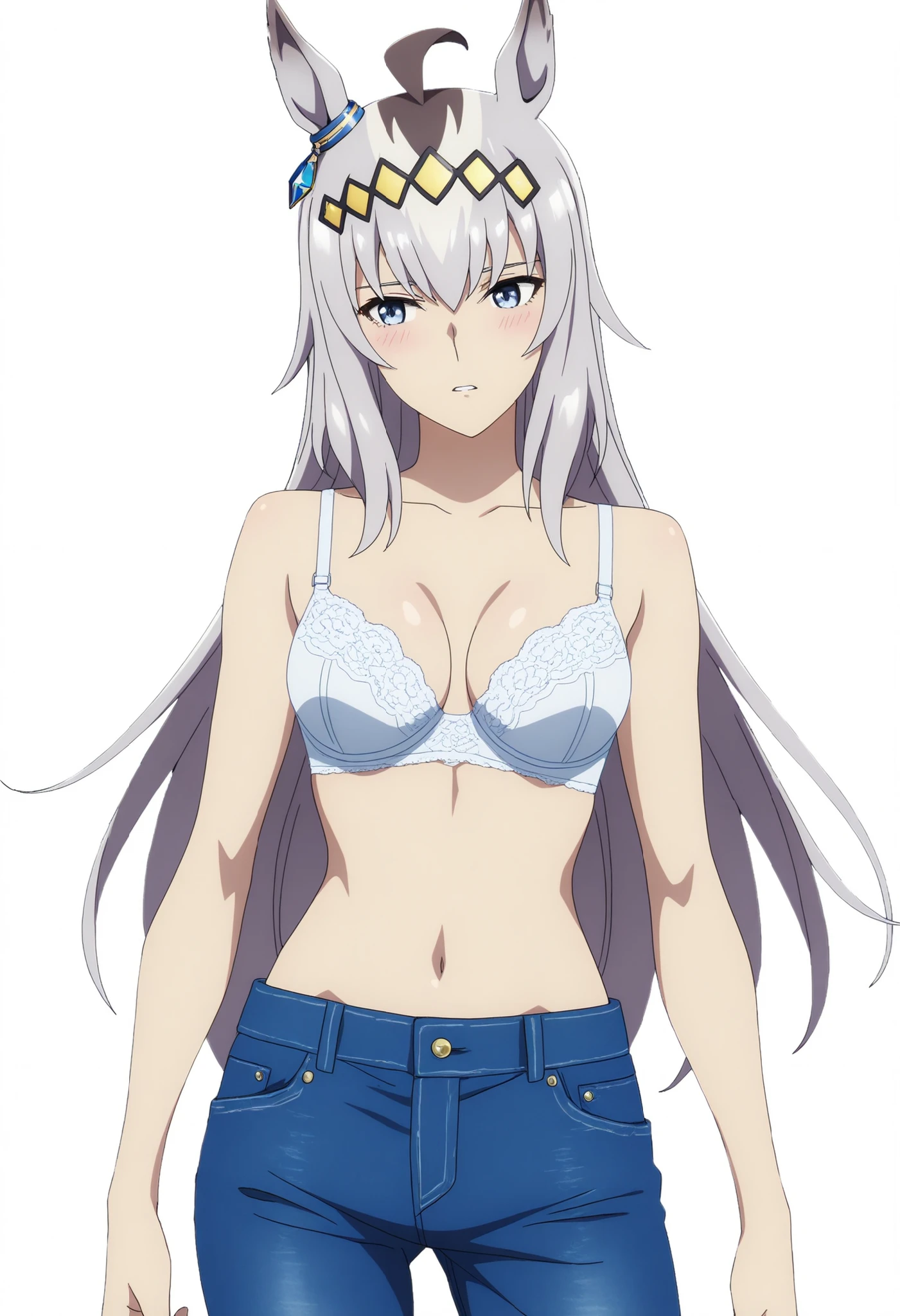 Oguri,,Uma Musume
Watch high quality , Highest Quality , masterpiece, high resolution , detailed face( Lola: Oguri),anatomically accurate, detailed hair(Lola: Oguri) ,Detailed Bang(Lola: Oguri),Anime Coloring Book, anime screencap, anime coloring, ,
solos, 1 Girl, , LONG HAIR, Horse Years, gray hair, stupid hair, horsetail, Blue Eyes, (tsurime), Coloured Hair,
topless, white lace bra, denim pants, standing, ((aged up:1.2)), medium breasts, pale skin, cowboy shot,
looking away, head tilt, light embarrassed, (white background, simple background),
parted lips, , ,