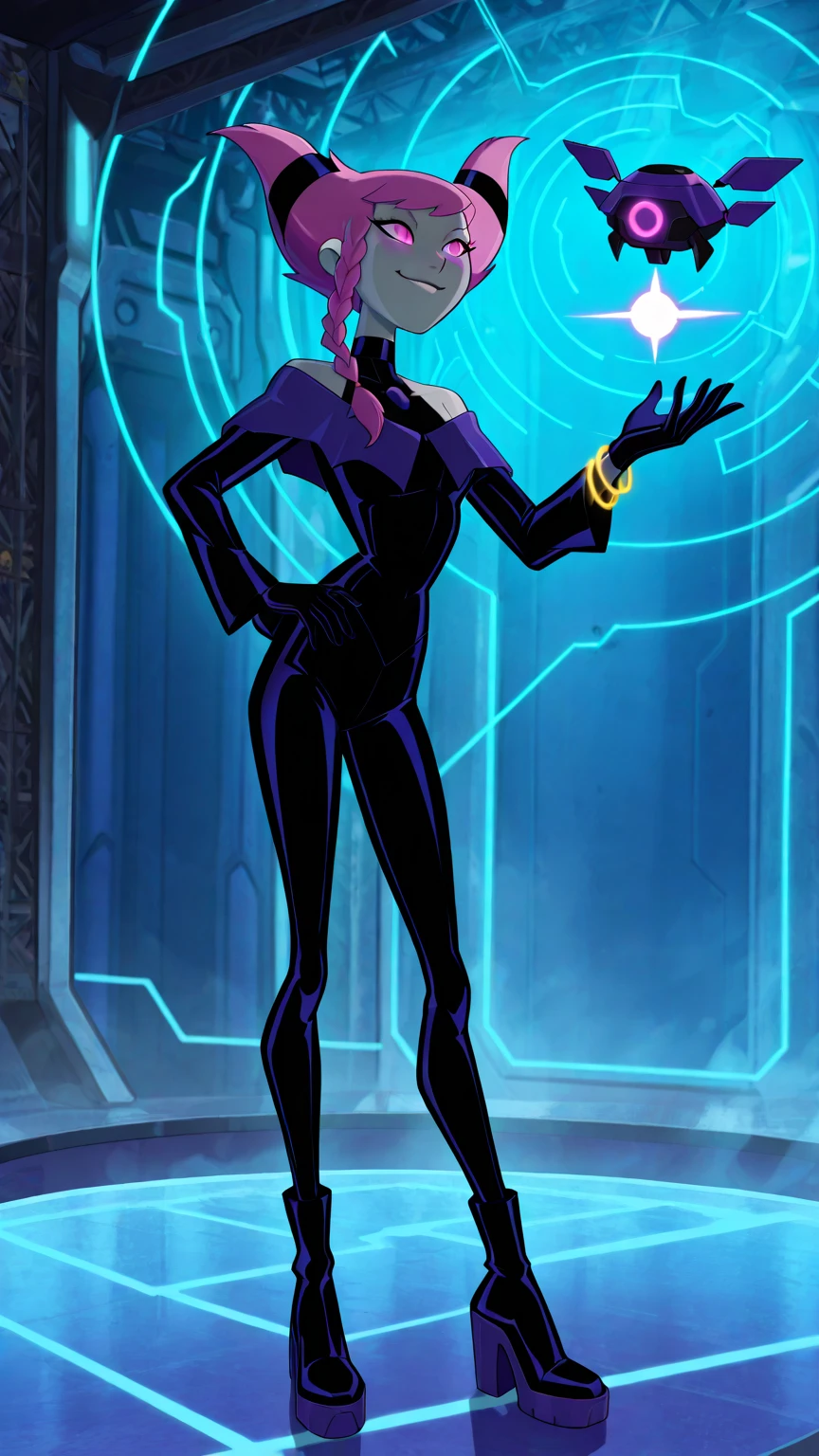 1girl, score_9, score_8_up, score_7_up, masterpiece, high quality, western cartoon, neon lighting, very detailed, depth of field, cinematic illumination, volumetric lighting, full color picture, vibrant colors, solo, alone,
1girl, TriG, dark skin, PTG, purple hair, short hair, purple eyes, purple lips, purple earrings, purple crop top, white elbow gloves, belt, gold buckle on belt, midriff, purple skirt, white thighhighs, white boots, gold ring, zettai ryouiki, makeup, miniskirt,
standing, facing forward, full body, flying, happy, smiling, dynamic, looking at viewer, spaceship, cool lighting, interior,