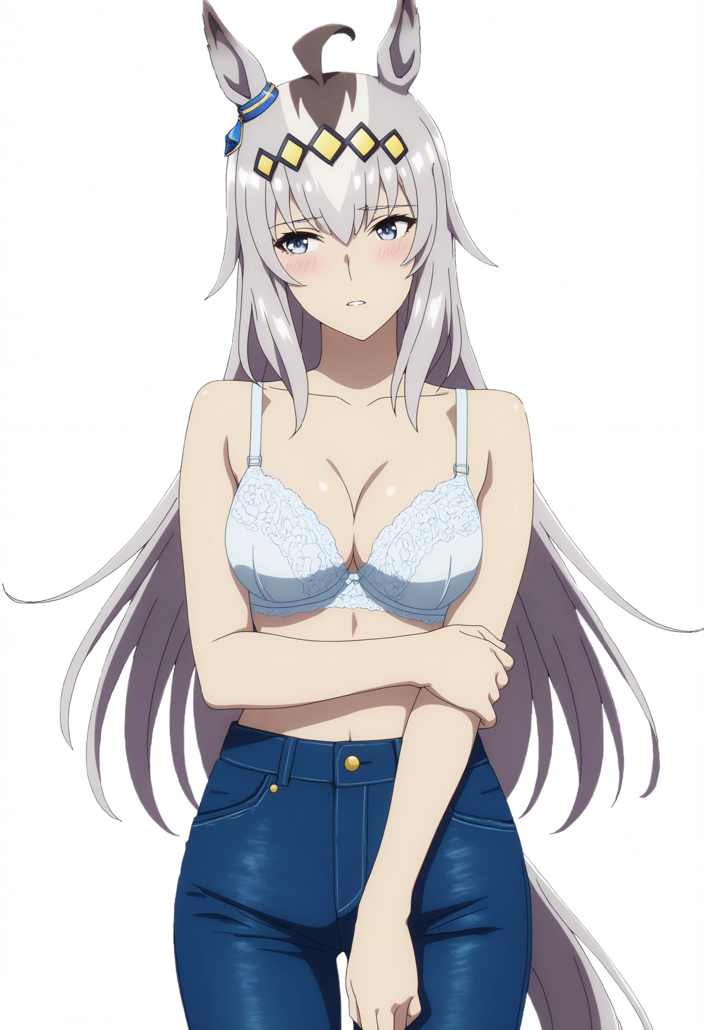 Oguri,,Uma Musume
Watch high quality , Highest Quality , masterpiece, high resolution , detailed face( Lola: Oguri),anatomically accurate, detailed hair(Lola: Oguri) ,Detailed Bang(Lola: Oguri),Anime Coloring Book, anime screencap, anime coloring, ,
solos, 1 Girl, , LONG HAIR, Horse Years, gray hair, stupid hair, horsetail, Blue Eyes, (tsurime), Coloured Hair,
topless, white lace bra, denim pants, standing, ((aged up:1.2)), medium breasts, pale skin, cowboy shot,
looking away, head tilt, light embarrassed, (white background, simple background),
parted lips, arm under breasts, holding own arm, ,