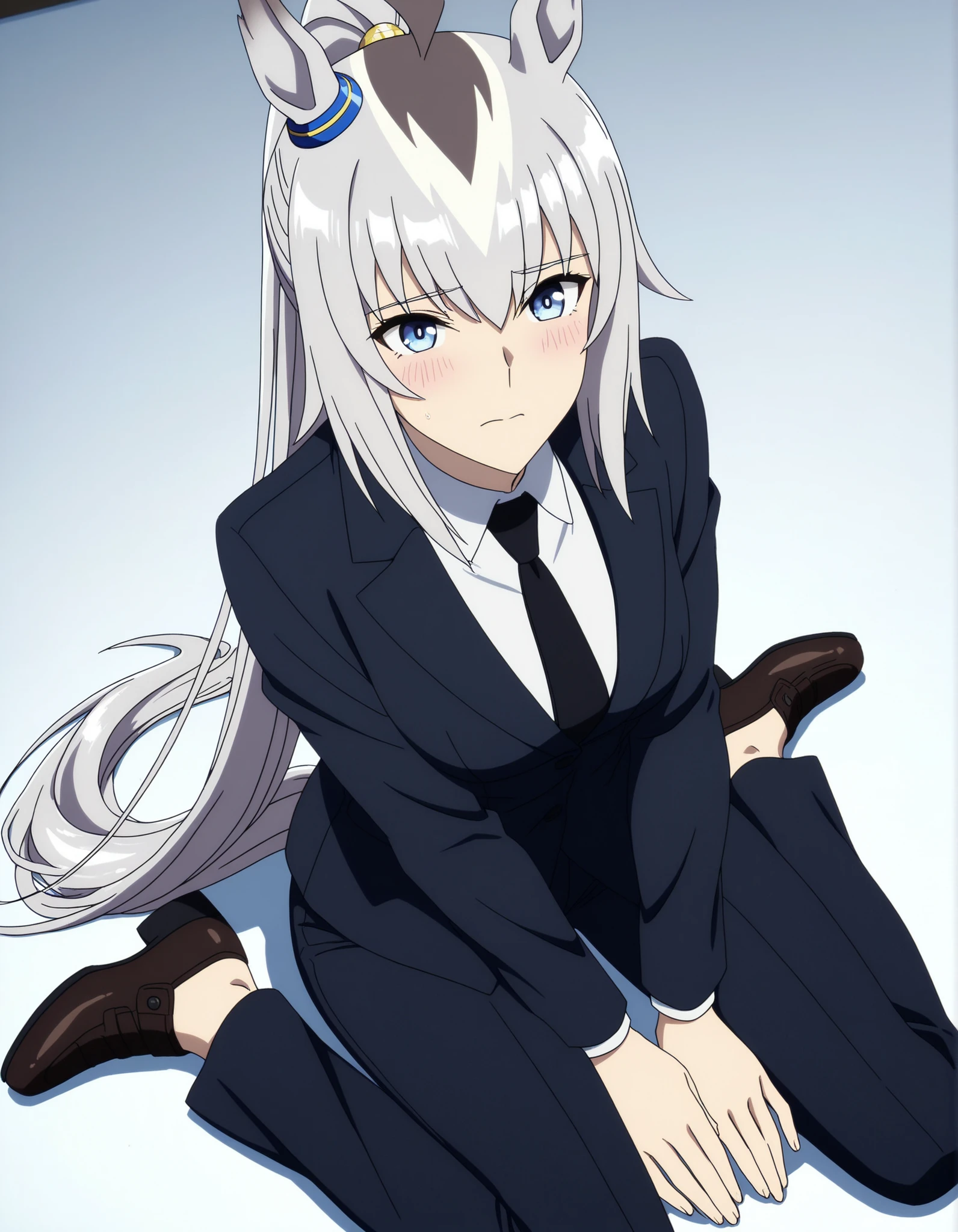 Oguri,,Uma Musume
Watch high quality , Highest Quality , masterpiece, high resolution , detailed face( Lola: Oguri),anatomically accurate, detailed hair(Lola: Oguri) ,Detailed Bang(Lola: Oguri),Anime Coloring Book, anime screencap, anime coloring, ,
solos, 1 Girl, , LONG HAIR, Horse Years, gray hair, stupid hair, horsetail, Blue Eyes, (tsurime), Coloured Hair, ponytail,
Oguri , black suit style, black necktie, black pants, sitting , wariza, ((aged up:1.2)), medium breasts, pale skin, very long legs,
, viewers watching, (white background, simple background),
light embarrassed ,((dynamic angle)), from above,