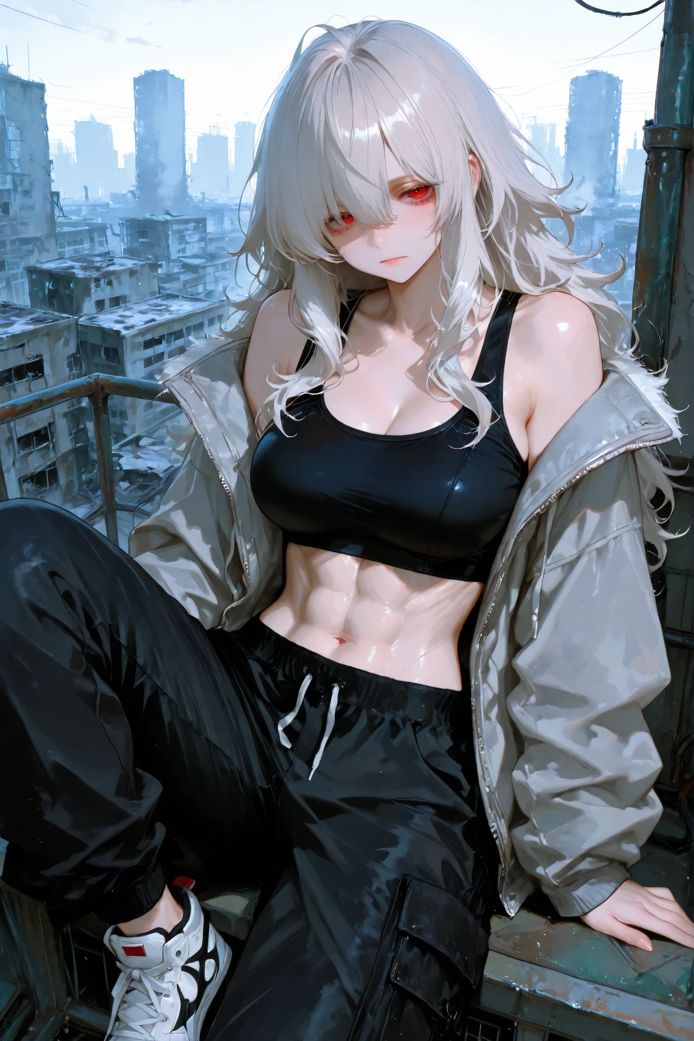 wolfcut, fluffy hair, voluminous hair, wavy centerparted, wavy bangs, wavy hair, wolfcut, 748cmstyle, 1girl solo, ultrahd, best quality, highres, beautiful eyes, best eyes, good eyes, 8k, 4k, ultrahd, tall, wolf cut, platinum hair, abs, sports bra, black sports bra, cargo pants, jacket, open jacket, gray jacket, black pants, sneakers, rooftop, city, industrial complex, abandoned buildings, red eyes, fit, athletic, disheveled hair, wild hair, middle part, wavy hair, long hair, looking at viewer, bored, mature