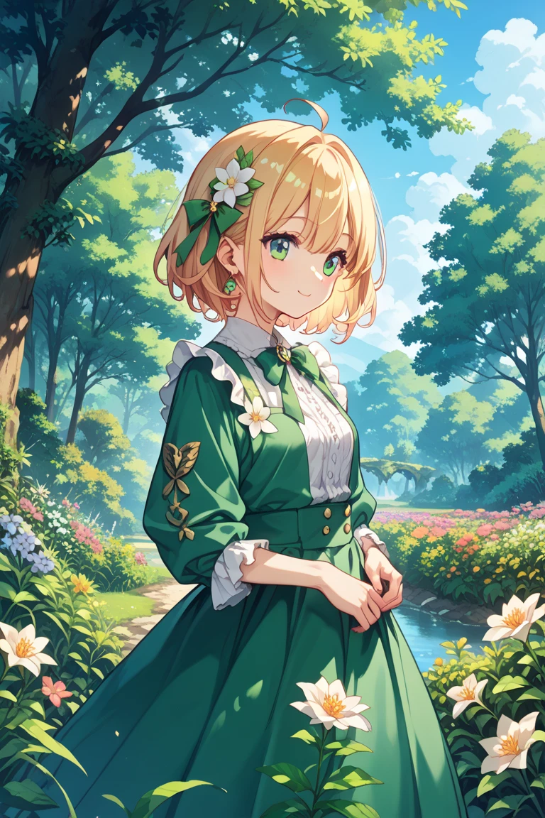 top quality, full body portrait, 1girl, European, blonde hair, delicate face, cute face, 26 year old, mature Female, lifted-up full brests, delicate ,1boy,, imminent , , green summer dress, off-shoulder style, white lace , white socks, brown penny loafers, seating on wood bench on lush green lawn in park, Colorful roses are blooming throughout the park, (shot from the front:1.1), looking at viewer 、 --auto --s2