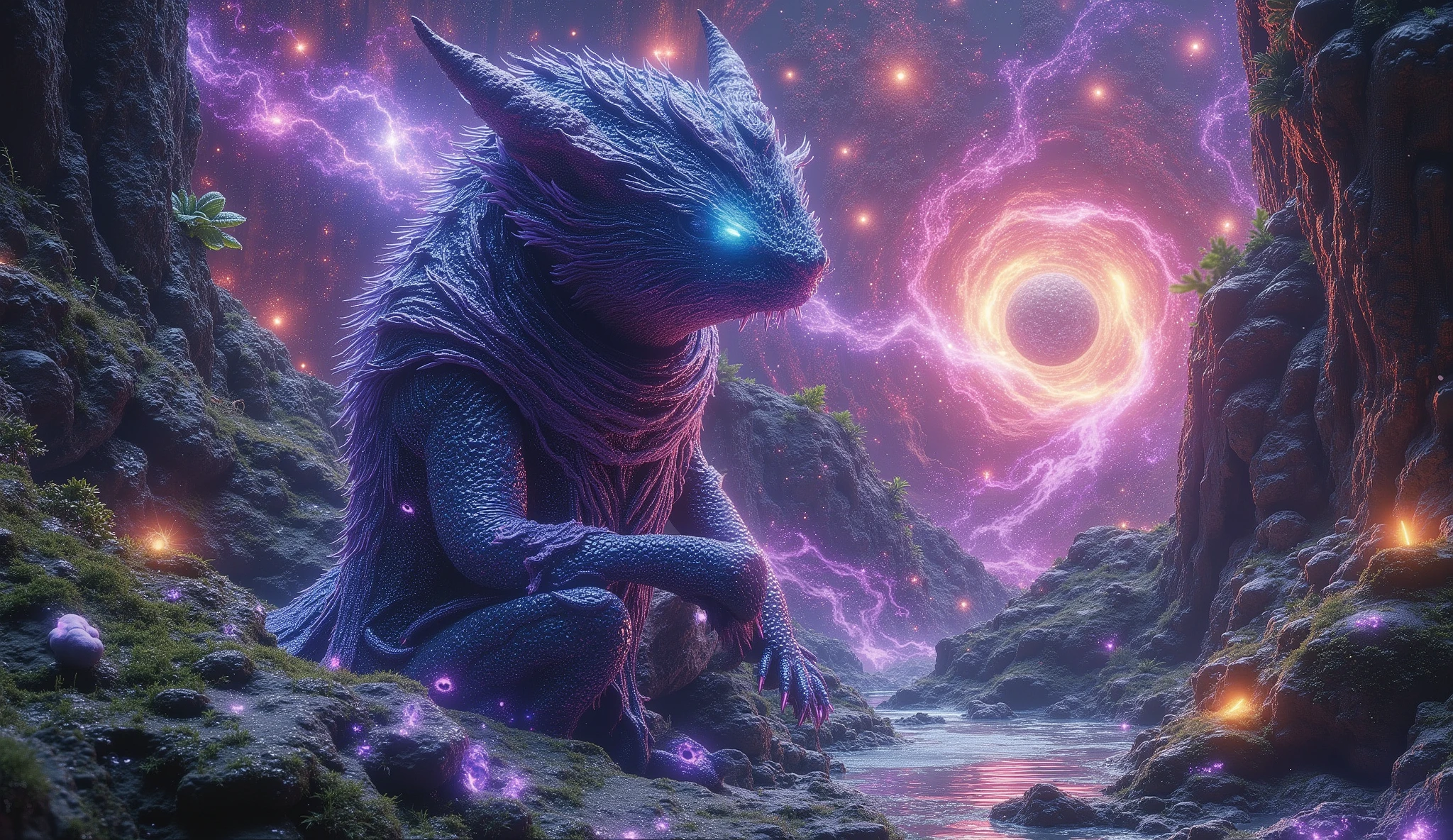 giving Azathoth good memories of his hood reptile scales, amphibian bellies, colorful feathers, Neon accents, Deep Dream Generator eyes, epic fantasy, Midjourney Background Cinematic, Ultra-wide Angle, hyper - detailed,insane details, intricate details, beautifully color graded, Unreal Engine, Cinematic, Shot on 25mm lens, Depth of Field, DOF, Tilt Blur:: Shutter Speed 1/1000, F/ 22, White Balance, 32k, Super-Resolution, Megapixel, Pro Photo RGB, VR,Lonely, Good, Massive, Half rear Lighting, Backlight, Natural Lighting, Incandescent, Optical Fiber, Moody Lighting, Cinematic Lighting, Studio Lighting, Soft Lighting, Volumetric:: Conte-Jour, Beautiful Lighting, Accent Lighting, Global Illumination, Screen Space Global Illumination, Ray Tracing Global Illumination, Optics, Scattering,Glowing, Shadows, Rough, Shimmering, Ray Tracing Reflections, Lumen Reflections, Screen Space Reflections, Diffraction Grading, Chromatic Aberration, GB Displacement, Scan Lines, Ray Traced, Ray Tracing Ambient Occlusion:: Anti-Aliasing, FKAA, TXAA, RTX, SSAO, Shaders, OpenGL- Shaders, GLSL-Shaders, Post Processing, Post-Production, Cell Shading, Tone Mapping, CGI, VFX, SFX, insanely detailed and intricate, hyper maximalist, super detailed, volumetric:: ultra-detailed, intricate details, 8K, super detailed, ambient occlusion, volumetric lighting, high contrast, HDR, 16 bit graphics, Kodak Aerochrome, the art of Deep Dream Generator the art of David Hockney, the art of Ross Bleckner, the art of Salvia Droid, the art of Michael Fauntleroy --ar 16:9 --v 6.1