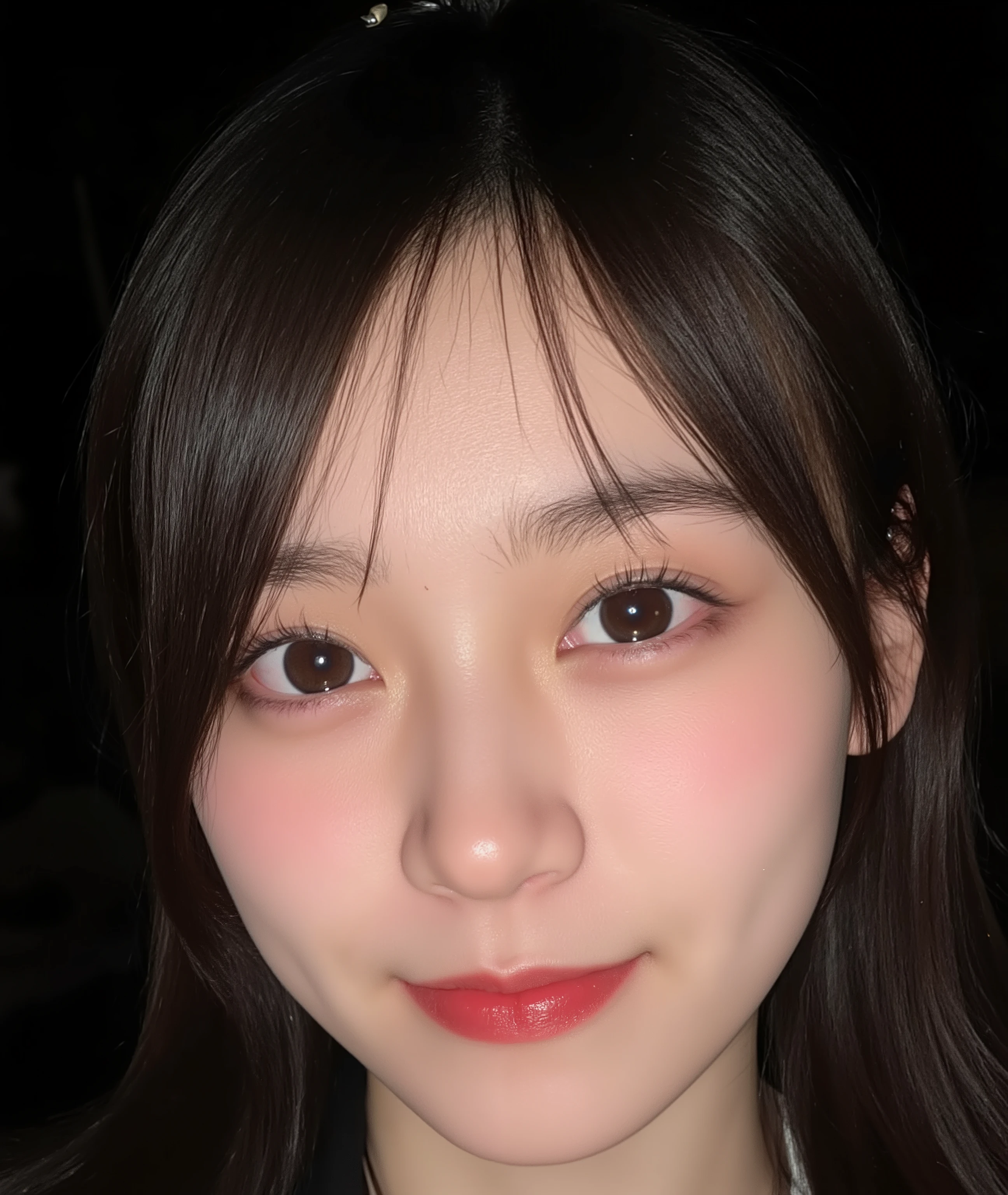 The image is a close-up photograph of a young Asian woman with a fair complexion. Her face dominates the frame, occupying the majority of the image, with her eyes, nose, and lips prominently visible. She has large, almond-shaped eyes with long, thick eyelashes, and her skin is smooth and soft. Her lips are full and slightly parted, revealing a natural, rosy hue. She wears a small silver stud earring in her left ear, adding a subtle touch of personal style.

Her hair is long, dark brown with subtle highlights, and it partially covers her forehead, giving a slightly tousled, casual look. The background is out of focus, but it appears to be a dark, possibly indoor setting, which emphasizes her face and provides a stark contrast to her light complexion. She is wearing a black garment, possibly a top or a sleeve, which is visible at the bottom of the image. The overall mood of the photograph is intimate and personal, capturing a candid moment with a natural, unfiltered aesthetic.