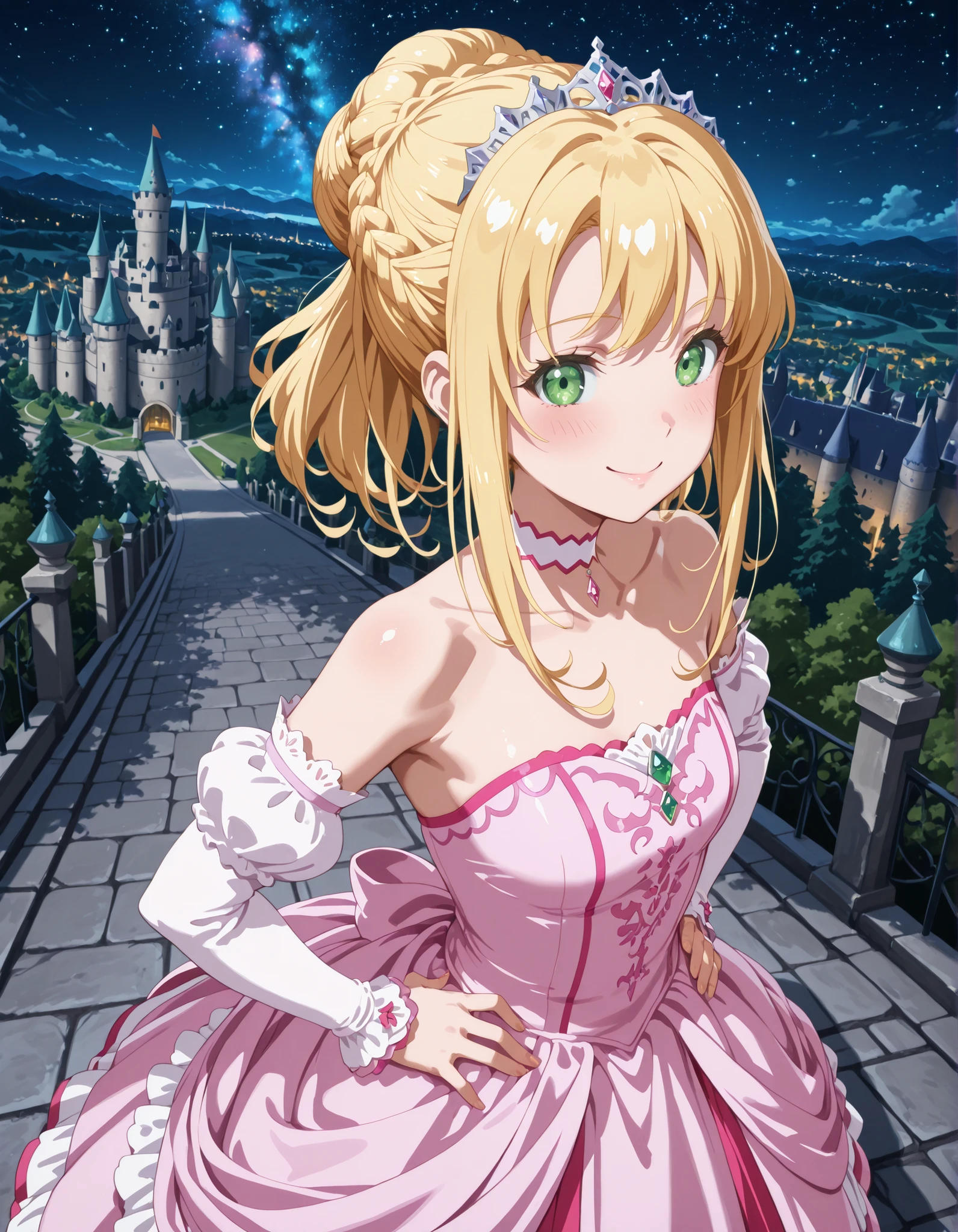 1girl, solo, smile, looking at viewer, blurry background, from above, hand on own hips, smile, blush, ((liliana heiligh, blonde hair, ((bun hair))((french braid)), green eyes, tiara, choker, bare shoulders, detached sleeves, pink dress, castle, )), outdoors, street, Dutch angle to the side, looking at viewer, smile, landscape,castle, cityscape, outdoors, nature, night, starry sky, galaxy