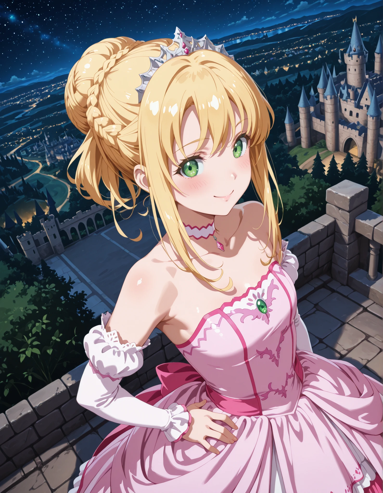 1girl, solo, smile, looking at viewer, blurry background, from above, hand on own hips, smile, blush, ((liliana heiligh, blonde hair, ((bun hair))((french braid)), green eyes, tiara, choker, bare shoulders, detached sleeves, pink dress, castle, )), outdoors, street, Dutch angle to the side, looking at viewer, smile, landscape,castle, cityscape, outdoors, nature, night, starry sky, galaxy