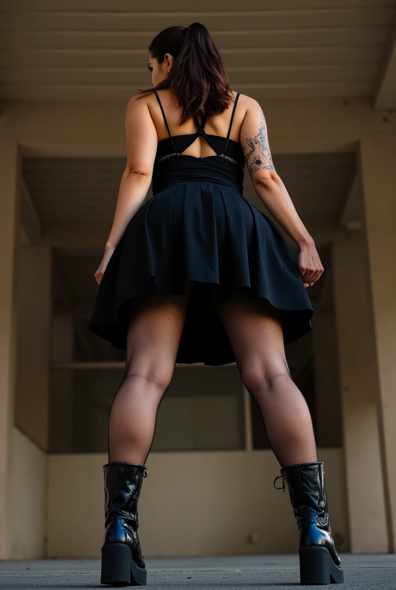 imposing rear-angle portrait of domineering European woman with stout powerful build, wide hips and thick strong legs in authoritative stance, wearing black Doc Martens boots that enhance her commanding presence, minimal head turn revealing just a glimpse of stern profile with intense sidelong glare, wavy dark brown hair tied into full long ponytail, fitted black pleated skirt with sheer black tights showcasing her substantial curves, black tank top with straps crossing her broad back, tattoos on arms, back deliberately arched to assert dominance while emphasizing her full rounded buttocks, shot from extremely low submissive angle with ceiling visible beyond her towering form, bright daylight creating dramatic shadows that accentuate her commanding presence, photorealistic, high definition