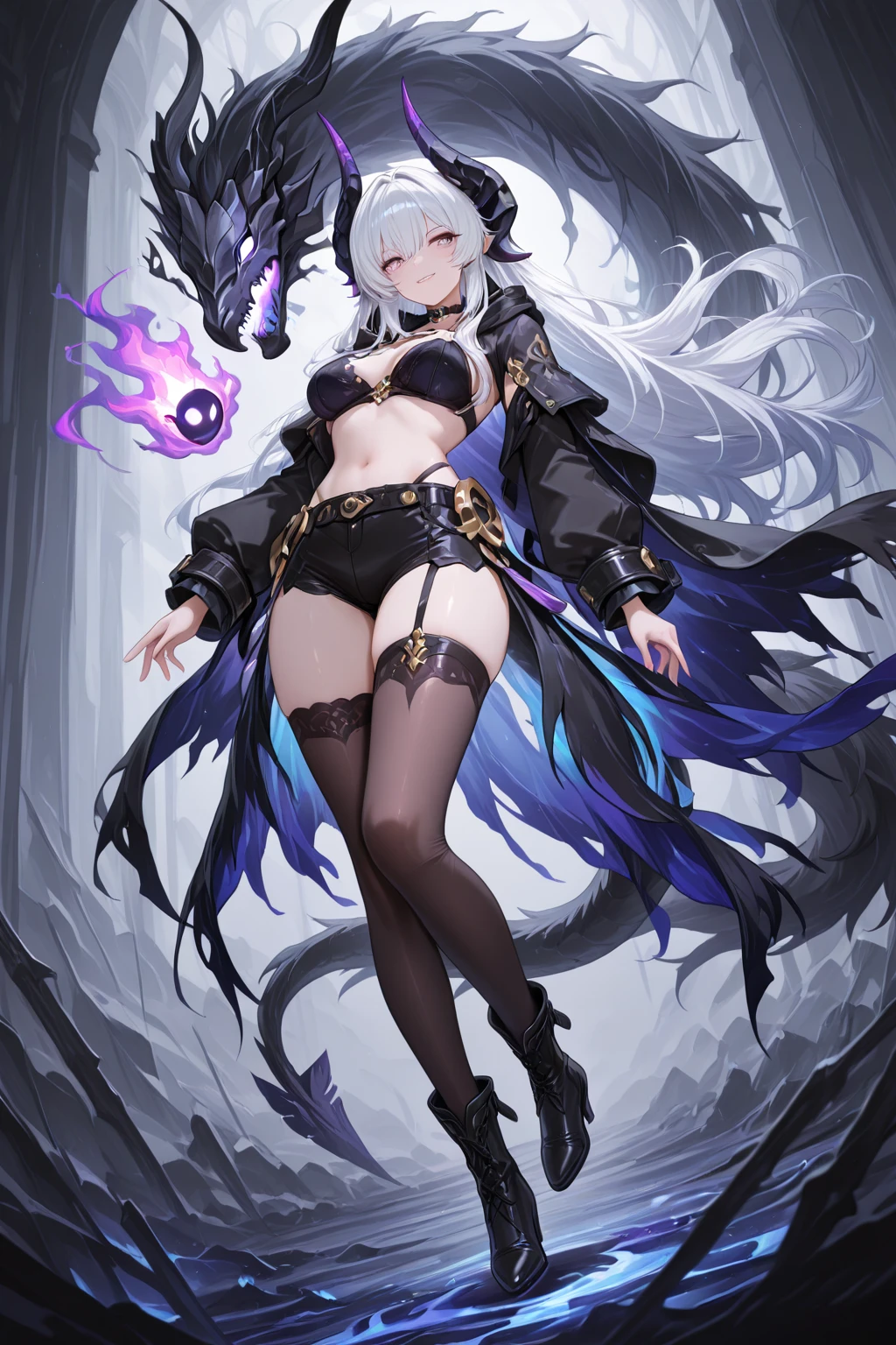 Anime style girl, dragon horns, long blue hair, red inner color, yellow and red odd eyes, , short stature, scaled body, sitting on a throne