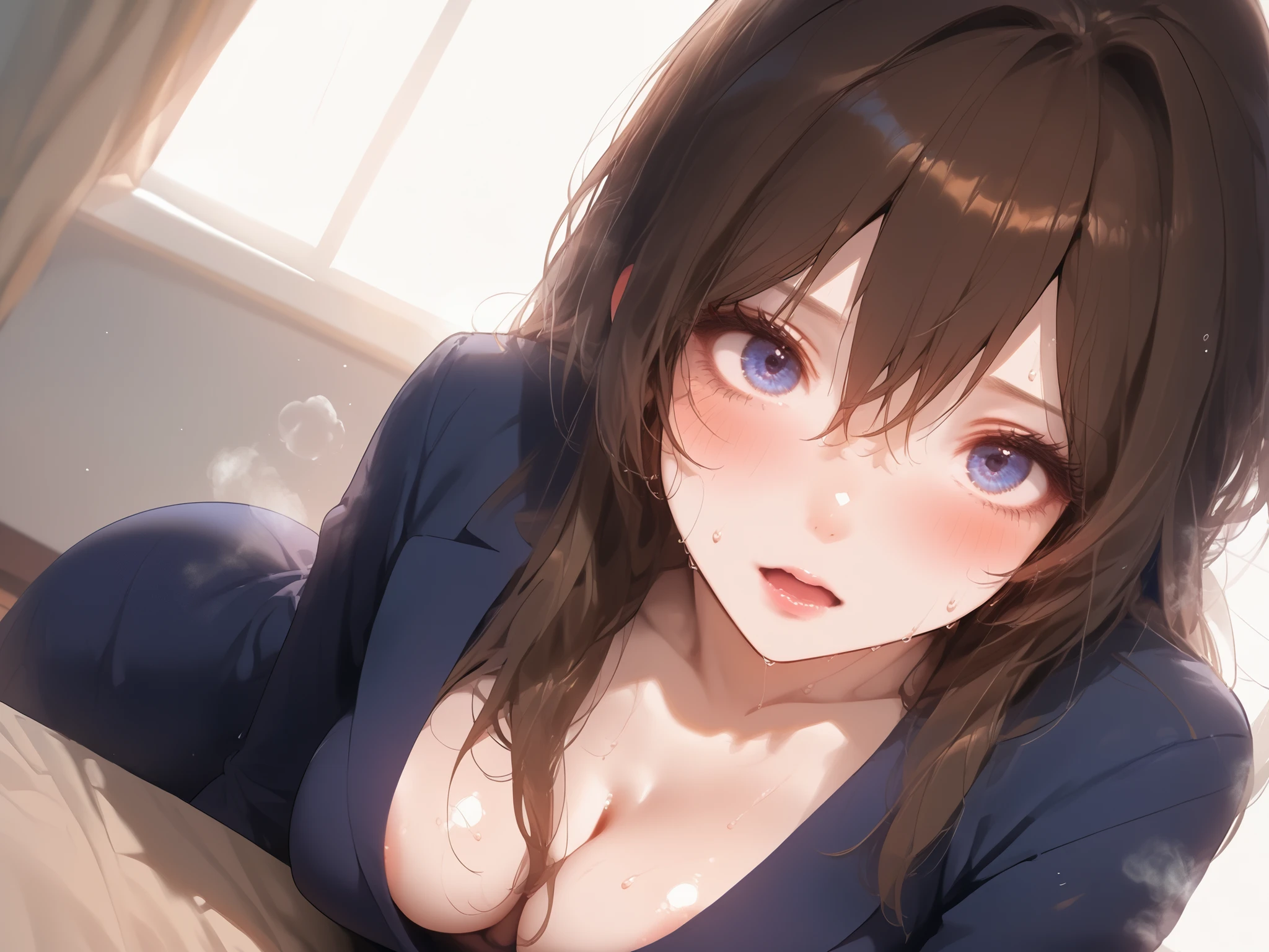 score_9, score_8_consolation, score_7_consolation, score_6_consolation, score_5_consolation, score_4_consolation, Source _animation, Tag 1, Tag 2, Quality_masterpiece, anatomically accurate, One woman only, beautiful face, perfect face wearing, 매우 디테일한 beautiful face과 눈, charming face, Detailed Face, Delicate Facial Features, very big boobs, EXTRA BIG ROUND BODY, Deep Bust, round and pretty breasts, fair white skin, Sparkling White Skin, soft skin without wrinkles, sensual woman, mature woman, Milf, Slim Body, glamour, rolled her eyeballs like her mother, puzzled, shy, Super High Quality, opens her mouth, warm, sweating, sweat, sweat을 흘렸다, STEAM BREAK rating _Explicit, bent over, Shy beauty, Sexually Horny Look, Blue hair