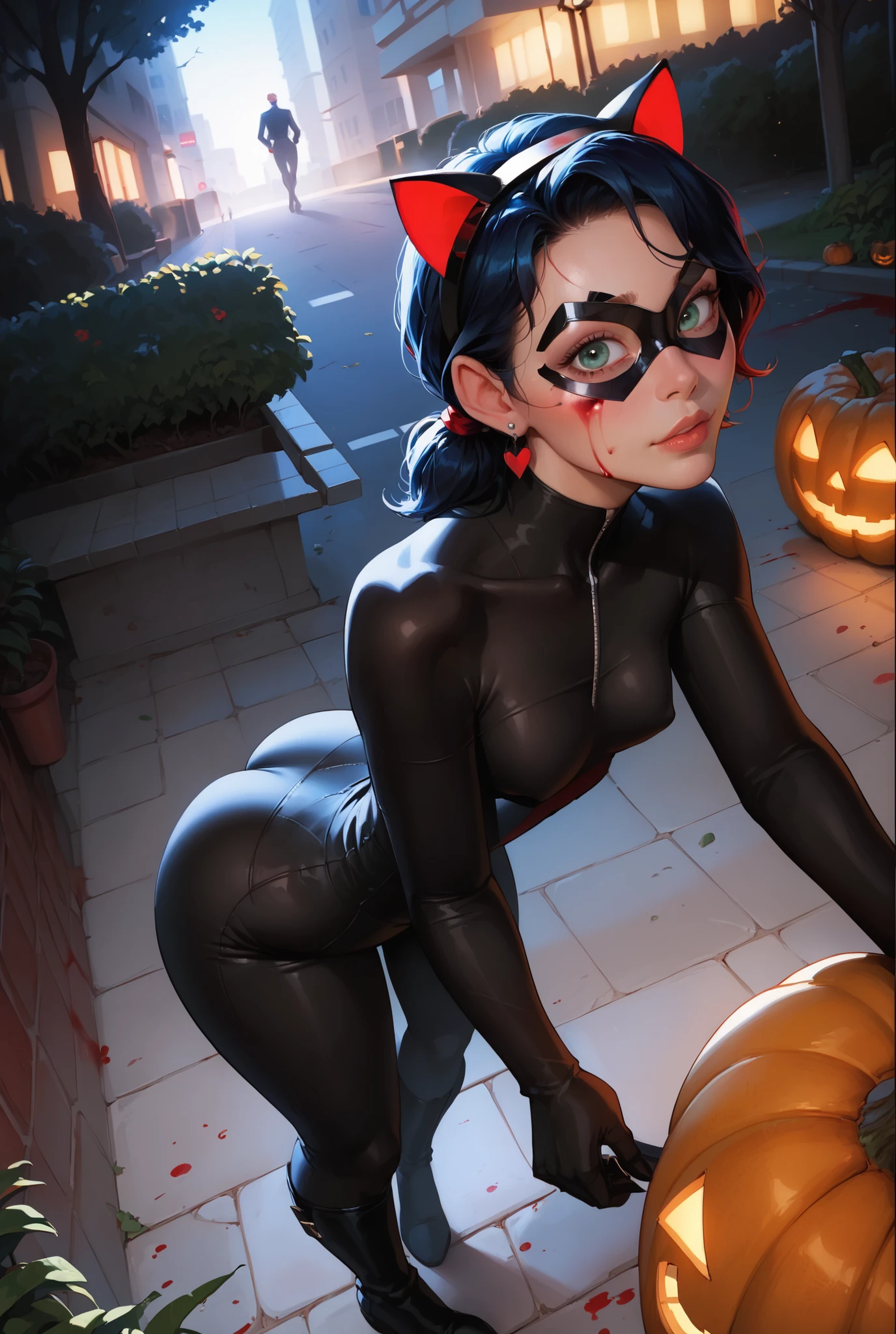 score_9, score_8_up, score_7_up, realistic lighting, silhouetted,
1girl, miraclady, 1girl, solo, blue hair, low twin tails, medium hair, blue eyes, hair ribbon, domino mask, earring, big ass, black mask, domino mask,small breasts, small pupils, naive look, black bodysuit, black suit, tight bodysuit, in the park, night, standing, blood on face, blood on lips, red highlights, ripped bodysuit, ruined makeup, headband with cat ears, hallooween, halloween city, park alley, leather suit, green eyes, standing, trees, pumpkins, from above, black boots, bent over, exposed ass, back view