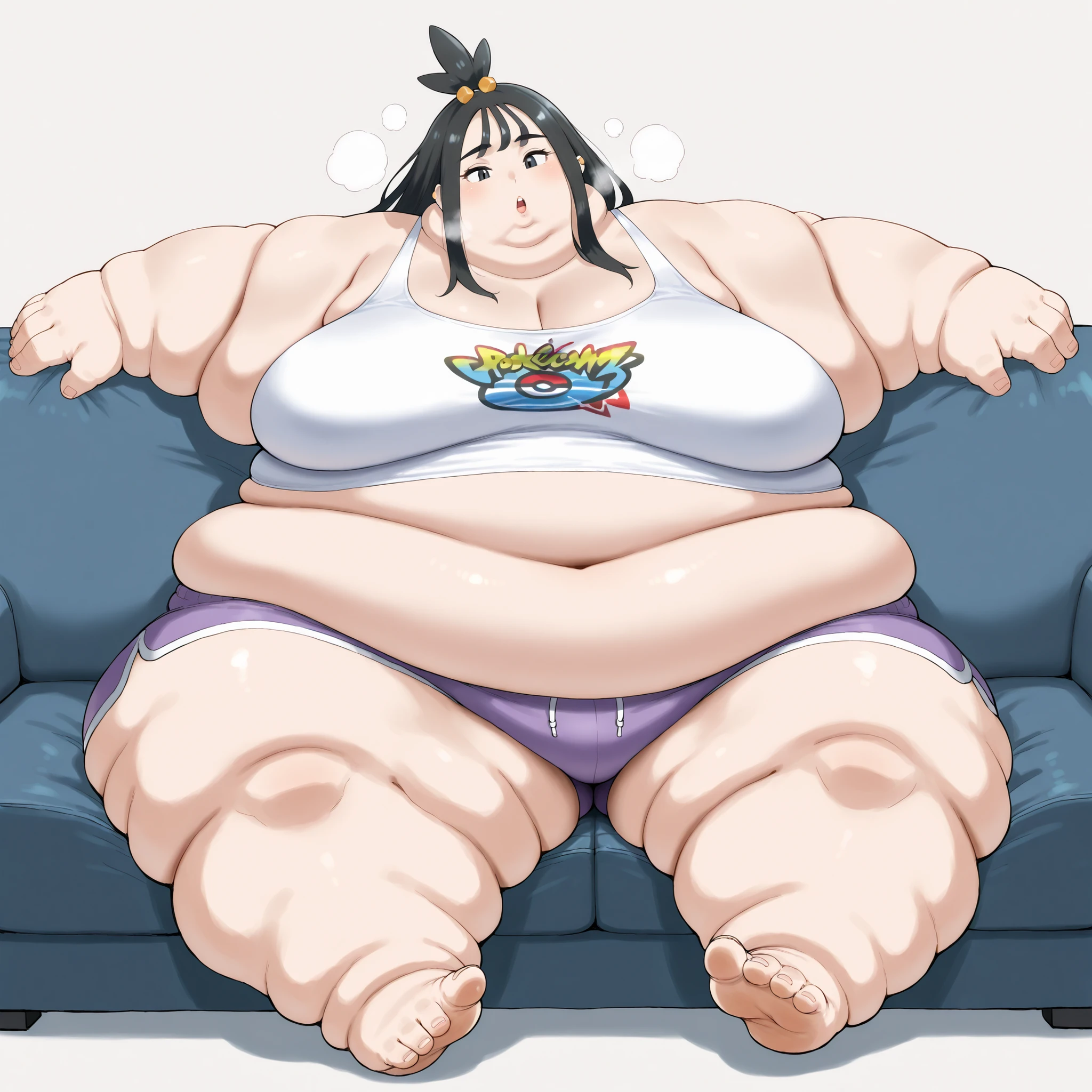 zalida, lida \(pokemon\), aged up, black hair, black eyes, long hair, bangs, sidelocks, topknot, hair bobbles, ear piercing, tank top, midriff, dolphin shorts, sitting on couch, fat, chubby, obese, fat neck, multiple chins, big breasts open mouth, out of breath, Larger female, full body shot, only head, large head, oversized limbs, large hands, large feet, oversized feet, oversized fingers, big lips, plump lips, fat face, fupa, big fupa, fat fupa, 