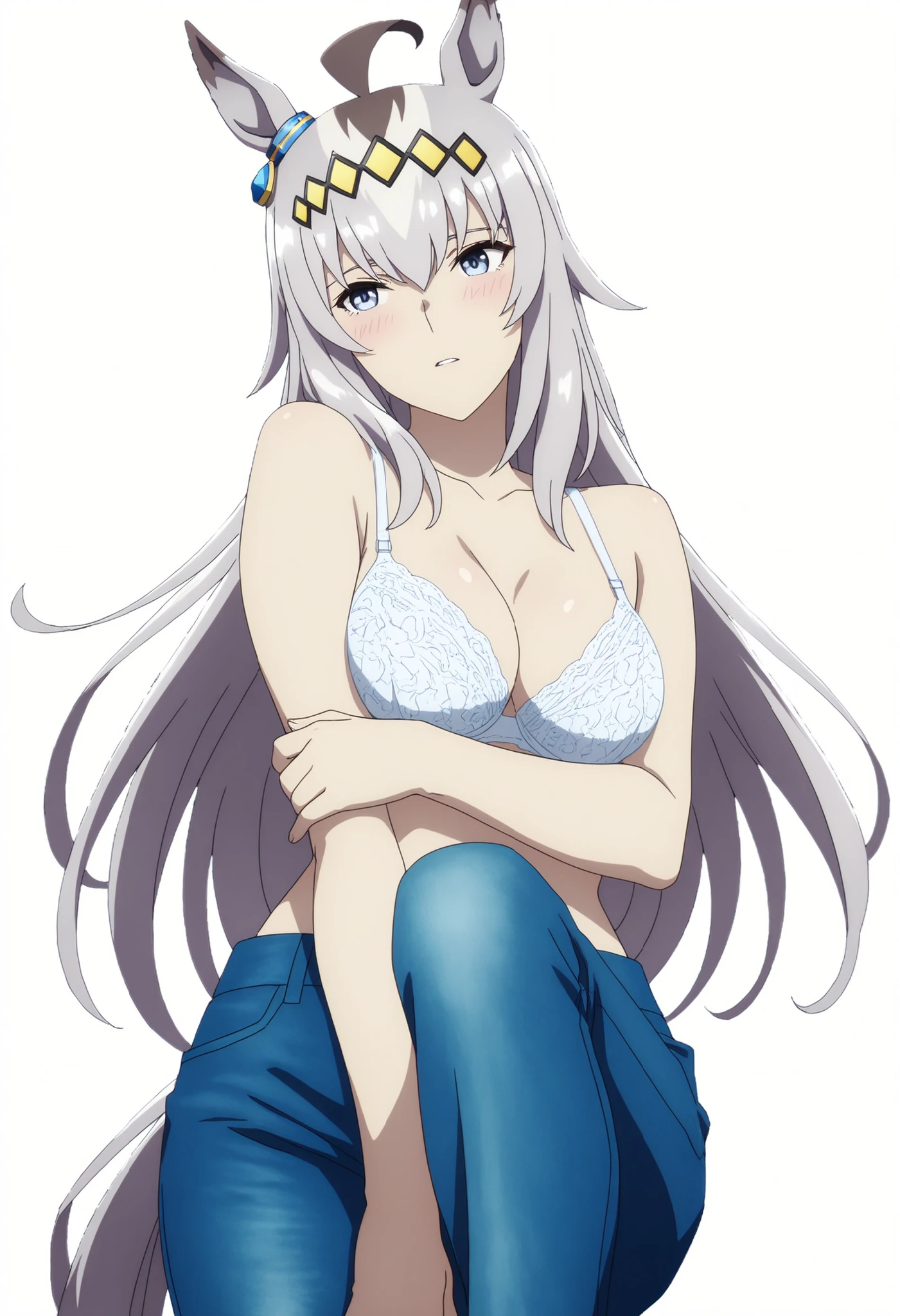 Oguri,,Uma Musume
Watch high quality , Highest Quality , masterpiece, high resolution , detailed face( Lola: Oguri),anatomically accurate, detailed hair(Lola: Oguri) ,Detailed Bang(Lola: Oguri),Anime Coloring Book, anime screencap, anime coloring, ,
solos, 1 Girl, , LONG HAIR, Horse Years, gray hair, stupid hair, horsetail, Blue Eyes, (tsurime), Coloured Hair,
topless, white lace bra, denim pants, standing, ((aged up:1.2)), medium breasts, pale skin, cowboy shot,
looking away, head tilt, light embarrassed, (white background, simple background),
parted lips, arm under breasts, arm between legs, knee up ,