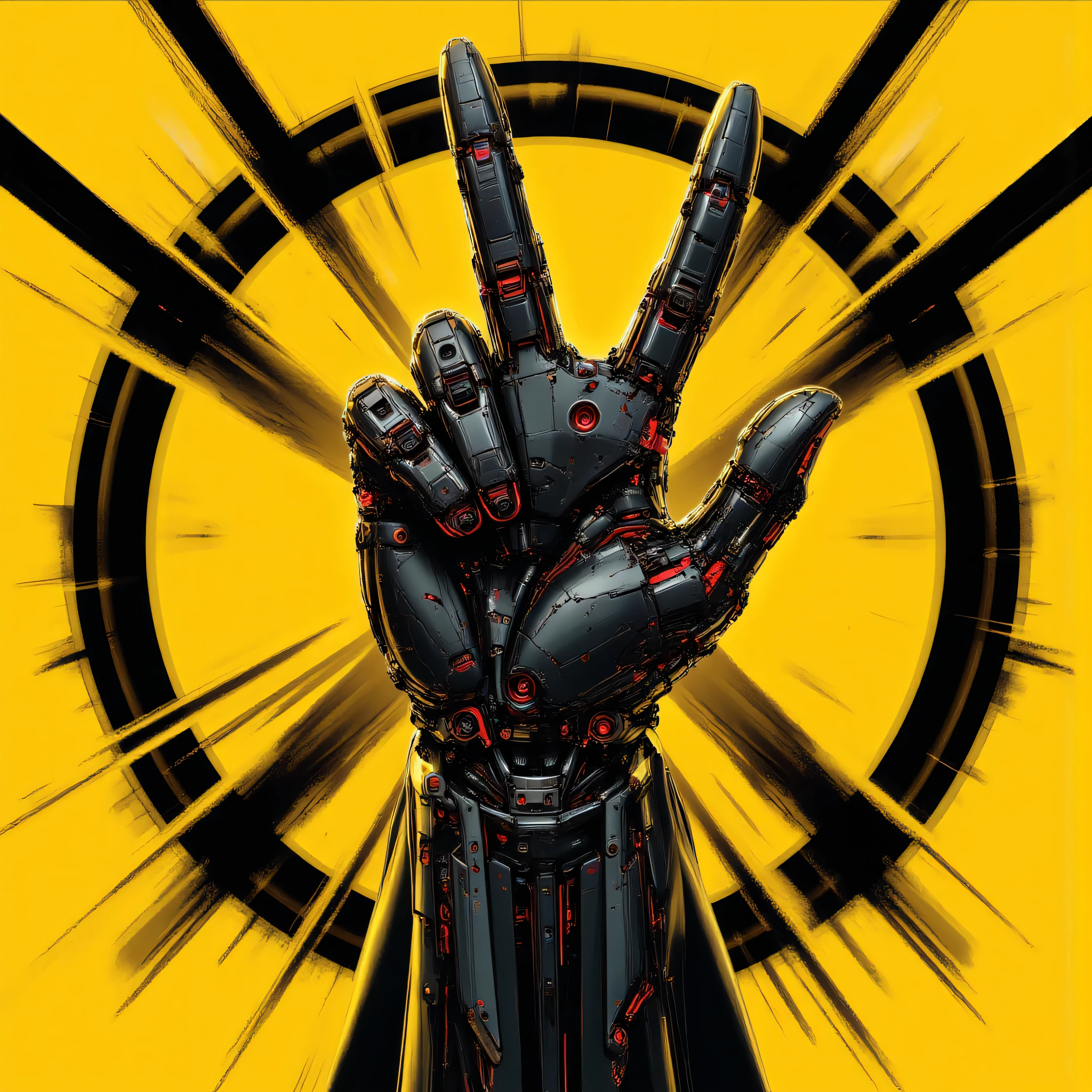 Logo. minimalism. an iron cybernetic black hand with red elements shows a rock gesture. a yellow background with black stripes