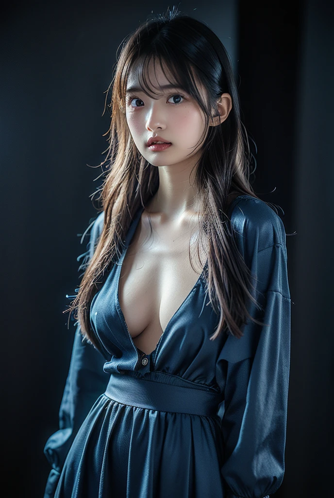 Hyperrealist portrait of female by david hockney and alphonse mucha,fantasy art, photo realistic, dynamic lighting, artstation, poster, volumetric lighting, very detailed faces, 4 k, award winning,, 1girl, in the dark, deep shadow, low key,cowboy shot,(official clothing:1.4) ,long hair,white hair,