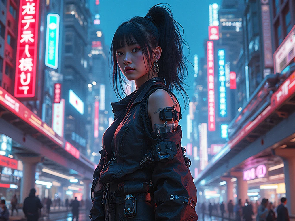 (highest quality、4k、8k、High resolution、masterpiece: 1.2)、Super detailed、(real、photorealistic、photorealistic: 1.37)、SF、beautiful young woman、bounty hunter、Cybernetic Weapons、cyberspace、High Tech City、Shining neon lights、((futuristic fashion))、((Skin-tight, revealing clothing))、mythical creatures、intense action、Fast-paced、Exciting soundtrack、explosion、Advanced technology、Sharp contrast、Gritty atmosphere、Black Market Trading、Skyline at night、Steampunk elements、Laser gun combat、Hidden Alley、hovering drone、Enhanced Vision、The unforgiving metropolis、Cybernetic Implants、Secret organizationysterious Informant、High Speed Chase、Impressive acrobatics、Colorful holograms、Urban Exploration、Navigating Virtual Reality、A diverse and multicultural society、Dystopian society、 Crowded city street、hall々A high-rise building、Android Companion、Illegal cybernetic modifications、A heart-pounding adrenaline rush、Heroic determination、@maryna、crstrnmod
