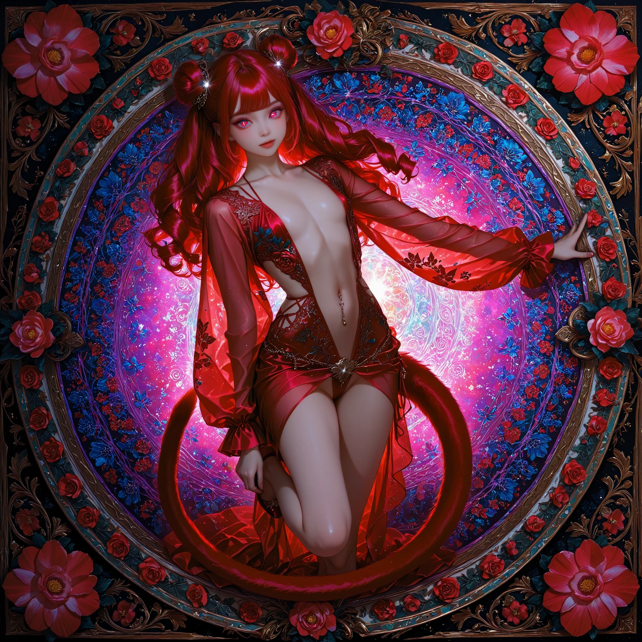 princess, small breast, baby-like face, infant body shape, small hips, white skin, short limbs, (((reddish-purple red crimson long twin-tail hair))), ((glowing sky-blue big eyes)), gold, silver and floral hair ornament, full body, dewy skin, dynamic pose, infant body shape, toddler hips,
BREAK,
(silk dress with lace embellished with lots of exposed skin), naked cleavage, naked navel, nsfw ruffle dress, revealing clothing dress, (((plunging neckline that extends to below the navel))), (belly body chain), ((wearing a transparent cape)), full body,
BREAK,
(zentangle, mandala, tangle, entangle), (ecstasy of flower:1.2), the most beautiful form of chaos, elegant, a brutalist designed, flower art, zentangle, mandala, tangle, entangle, vivid colours, romanticism, atmospheric,
BREAK,
official art, unity 8k wallpaper, ultra detailed, beautiful and aesthetic, beautiful, masterpiece, best quality ((by Mucha)) ((art deco)) ((botanical art)) ((flower art)) ((floral)) ((colorful)) masterpiece, high resolution, high definition, highest quality, digital painting, 4k, HDR, delicate texture, enchanting atmosphere,
BREAK,
(最高品質, 8k,32K,傑作, 超高解像度:1.2),非常に詳細なCGユニティ8K壁紙,複雑な詳細,生写真,(写実的:1.4),雰囲気,超高解像度,現実istic,現実,巨大な_ファイルサイズ,非常に高解像度,(中央揃え:1.3),超イラスト,(超詳細な),シネマティックライティング,様々な色,被写界深度,アート:クレンツ・クシャールト,ゴールデンアワーライティング, を正確に描いた ,シグマアートレンズ 35mm F1.4,ISO 200 シャッタースピード 2000