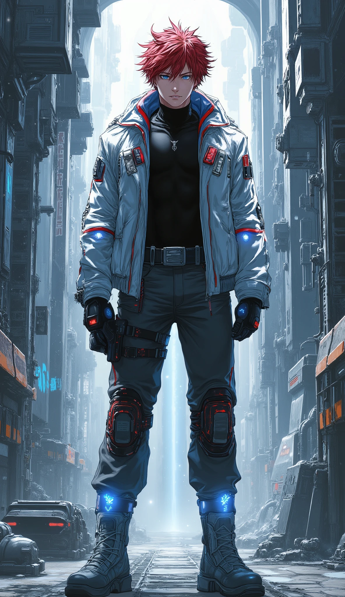 (masterpiece, best quality, ultra-detailed, professional artwork, exquisite and mature anime illustration, cinematic composition), A full body shot of a handsome man, an elite sci-fi military officer, standing tall with a powerful stance in a vast, futuristic mecha hangar. He has a chiseled face with a sharp jawline, fair skin, and intense, deep blue eyes that hold a calm, focused, yet determined gaze. His hair is a wild and fluffy short red cut, layered and artfully messy with a fringe. His physique is tall, lean, and muscular with broad shoulders, perfect anatomy. He is dressed in highly detailed futuristic military gear: a sleek black form-fitting combat suit underneath a high-tech white jacket with glowing blue and red accents. He wears loose dark grey tactical pants with red side stripes, white armored knee and shin guards, and sci-fi combat boots. Black tactical gloves with red armored modules on his wrists, perfect hands, five fingers. The background is a technologically advanced hangar filled with complex machinery, glowing holographic interfaces, and steel catwalks. The atmosphere is serious and futuristic, enhanced by dramatic, realistic ambient lighting, volumetric god rays, lens flare, and dynamic shadows, conveying a sense of untamable elite spirit.