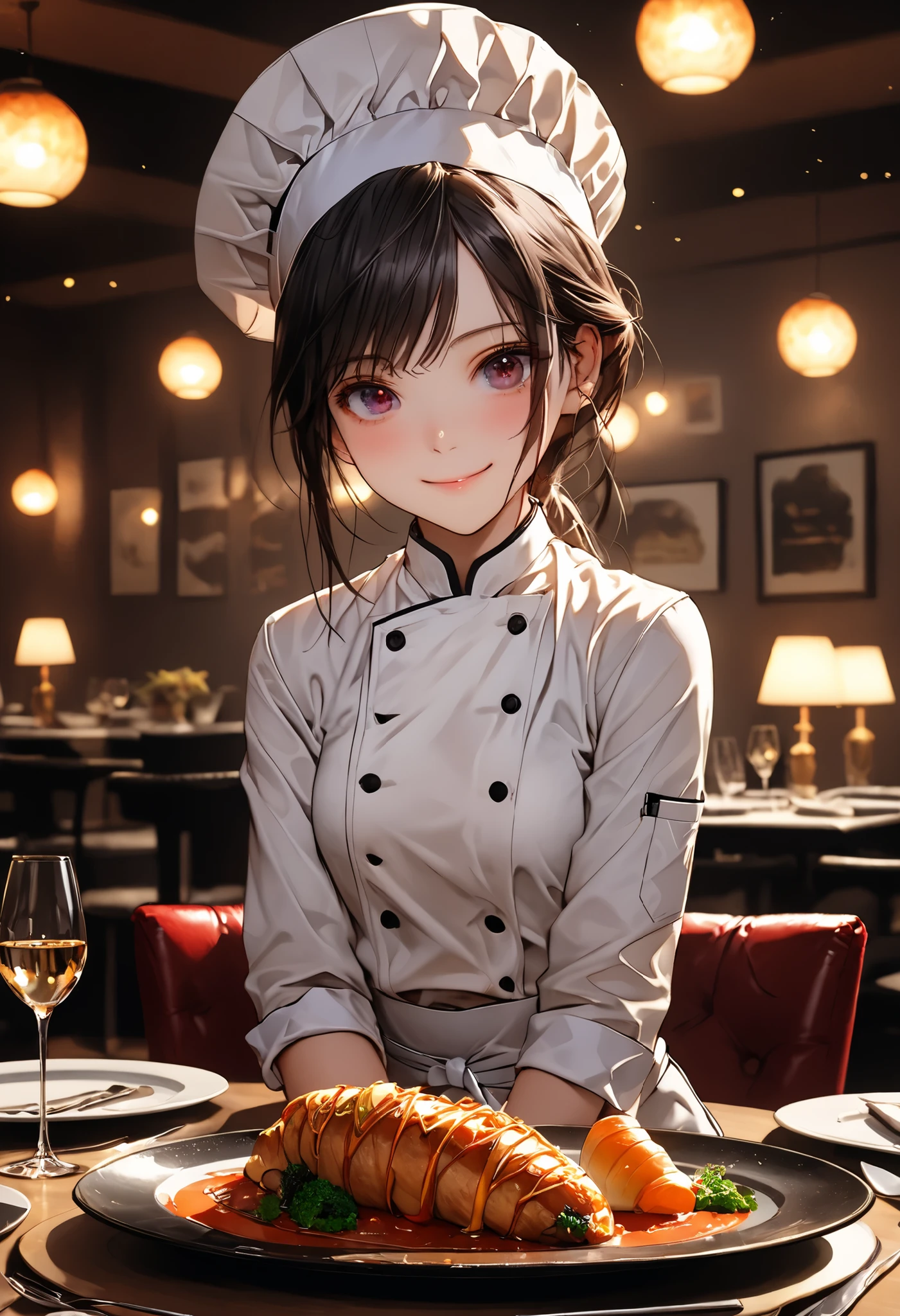 delicious food,Exquisite Dinners,beautiful chef,Stylish Chef Hat,luxury restaurant,when I go to bed,Best Menus,Fine French cuisine,Full course meal,Dishes arranged on the table、meteor、空から降り注ぐmeteor、無数のmeteor群、bright color,beautiful eyes,A delicate smile,Textured Skin,masterpiece,Kilo,BEST QUALITY THE BEST,gentle and beautiful woman,small breasts,flat chest luxurious interior,best quality,4K,Realistic,high definition,HDR,studio lighting with a serious face,bokeh,Fine,professional,bright color彩,portrait,food,architecture,Dynamic,artistic