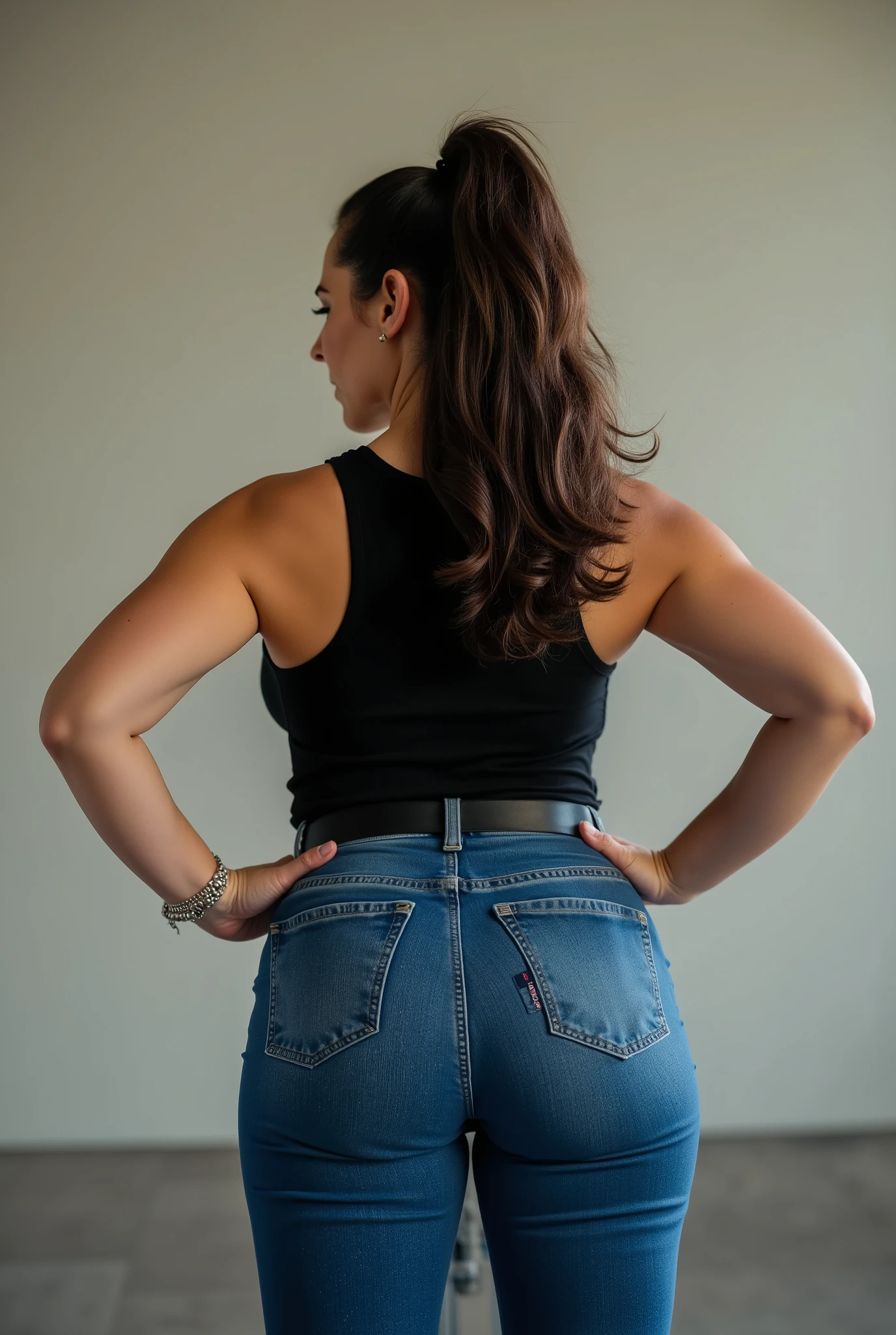 authoritative female figure shot from submissive rear angle, curvy European woman with powerful stature and commanding presence caught in candid moment, hands firmly placed on hips in confrontational posture, athletic silhouette with emphasized wide hips and strong legs, tight blue jeans with crystal-clear focus on shapely buttocks, minimalist black tank top revealing broad toned back, wavy dark brown rockabilly-inspired hair in high voluminous ponytail, barely visible stern profile with intense side-eye glare, naturally confident posture, extremely low camera angle creating imposing perspective with ceiling visible, perfect full daylight with professional lighting setup creating ideal shadow definition and highlighting curves, photorealistic, high-end fashion photography