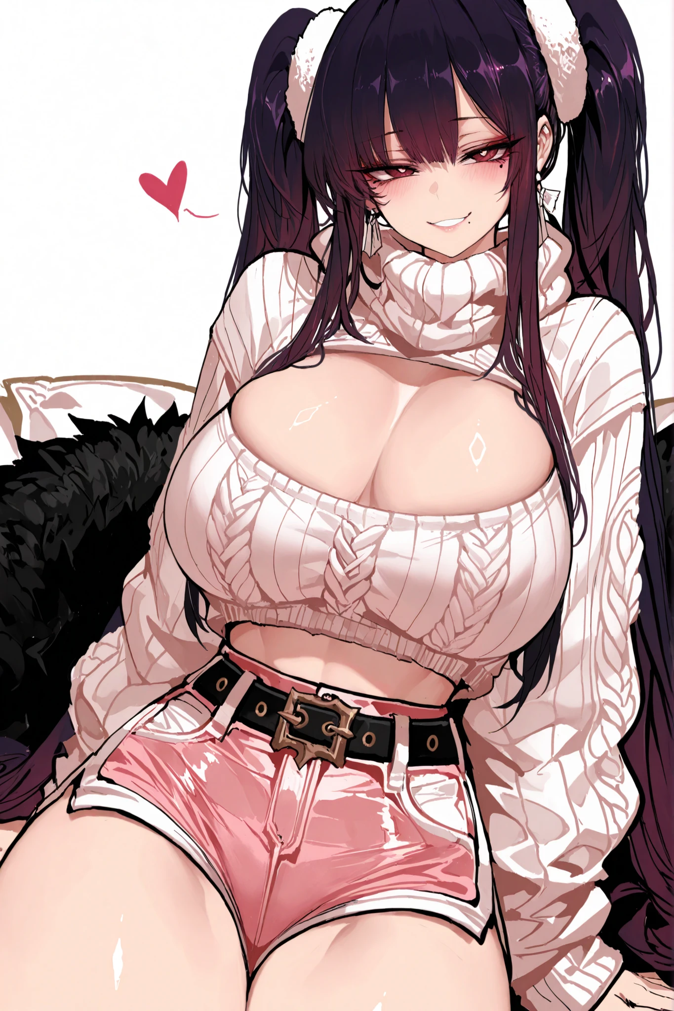 high resolution , high quality , Ultra Fine , complicated details , Long, dark purple hair styled in twin ponytails with bangs , Smug smile with a composed demeanor , Light skin , Light yellow, cropped sweater exposing a large bust and cleavage; the neckline is stretched due to the exaggerated proportions , Pink high-waisted shorts with white accents and a belt, Maroon eyes, dishwasher1910, Siu, fishine, jipa42760710, anip41nt) (young woman:2.5), (adult:2.5) (tall, 1girl, solo, curvy figure, slim waist, wide hips, thick thighs, huge breasts, voloptuous, first-rate female bodies,)