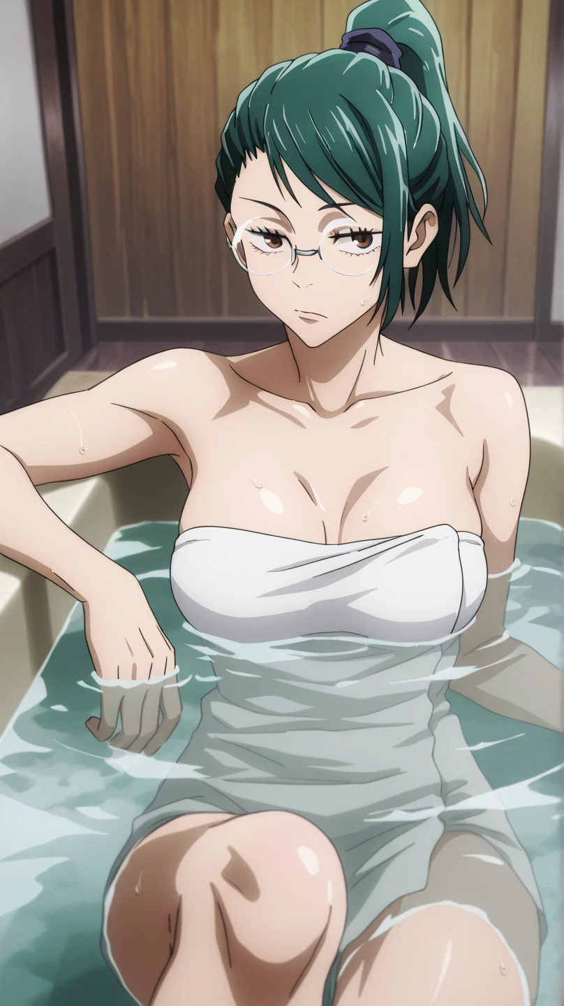 (((masterpiece))), best quality, zenin_maki,ponytail,glasses,bangs,green hair,brown eyes,hoop Earrings, 1 girl, solo, giant , , , huge milkers, , , , no clothes, beautiful face, in shower, wet, touching body, soapy body, enhanced quality
