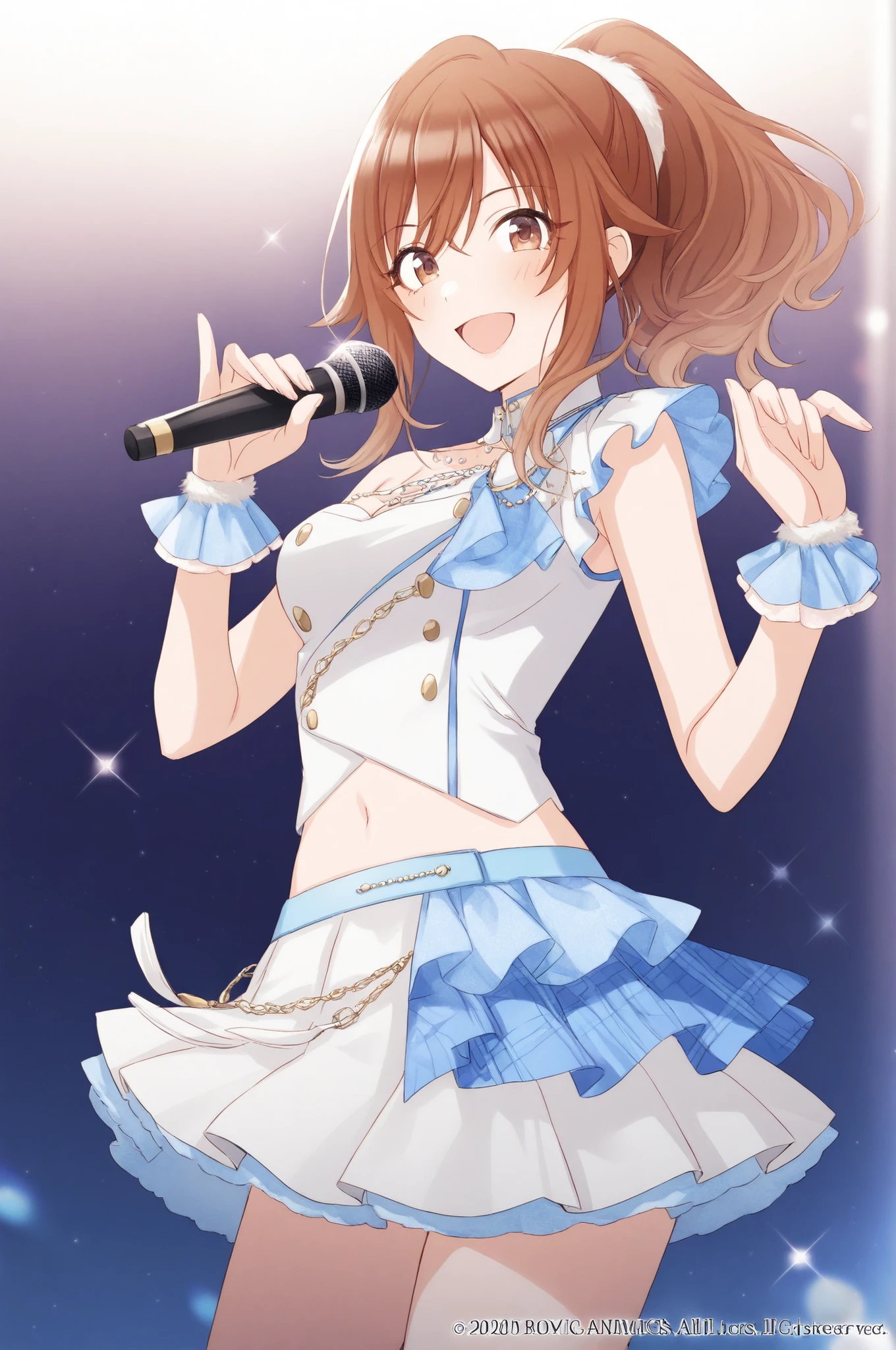 tomari-veryberry00-style, 1girl, brown hair, brown eyes, ponytail, shirt, navel, white dress, blue pleated skirt,  cowboy shot, thighs, indoor, smile, looking at viewer, holding mic, idol, singing, 
<lora:XL-Tomari-veryberry00-ILXL:1>, (masterpiece),(best quality),(ultra-detailed),(best illustration),(best shadow),(absurdres),(detailed background),(very aesthetic),