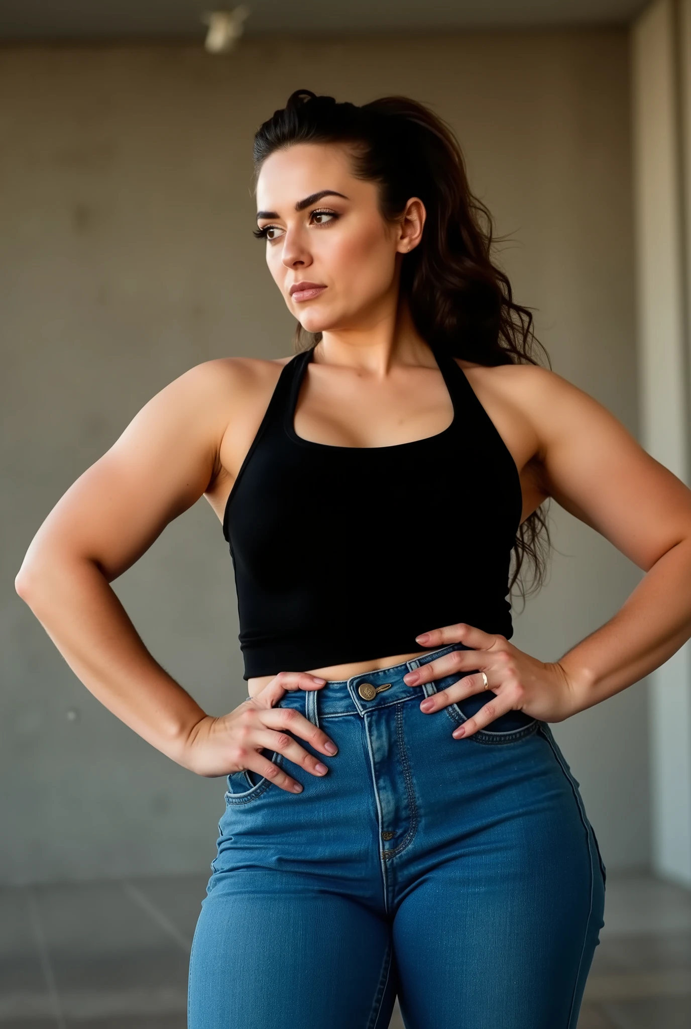 authoritative female figure shot from submissive low angle, curvy European woman with powerful stature and commanding presence caught in candid moment, hands firmly placed on hips in confrontational posture, athletic silhouette with emphasized wide hips and strong legs, tight blue jeans showcasing muscular thighs, minimalist black tank top revealing defined shoulders and strong physique, wavy dark brown rockabilly-inspired hair in high voluminous ponytail, intense direct eye contact with stern confident expression, naturally dominant posture, extremely low camera angle creating imposing perspective with ceiling visible, perfect full daylight with professional lighting setup creating ideal shadow definition across facial features and body contours, photorealistic, high-end fashion photography