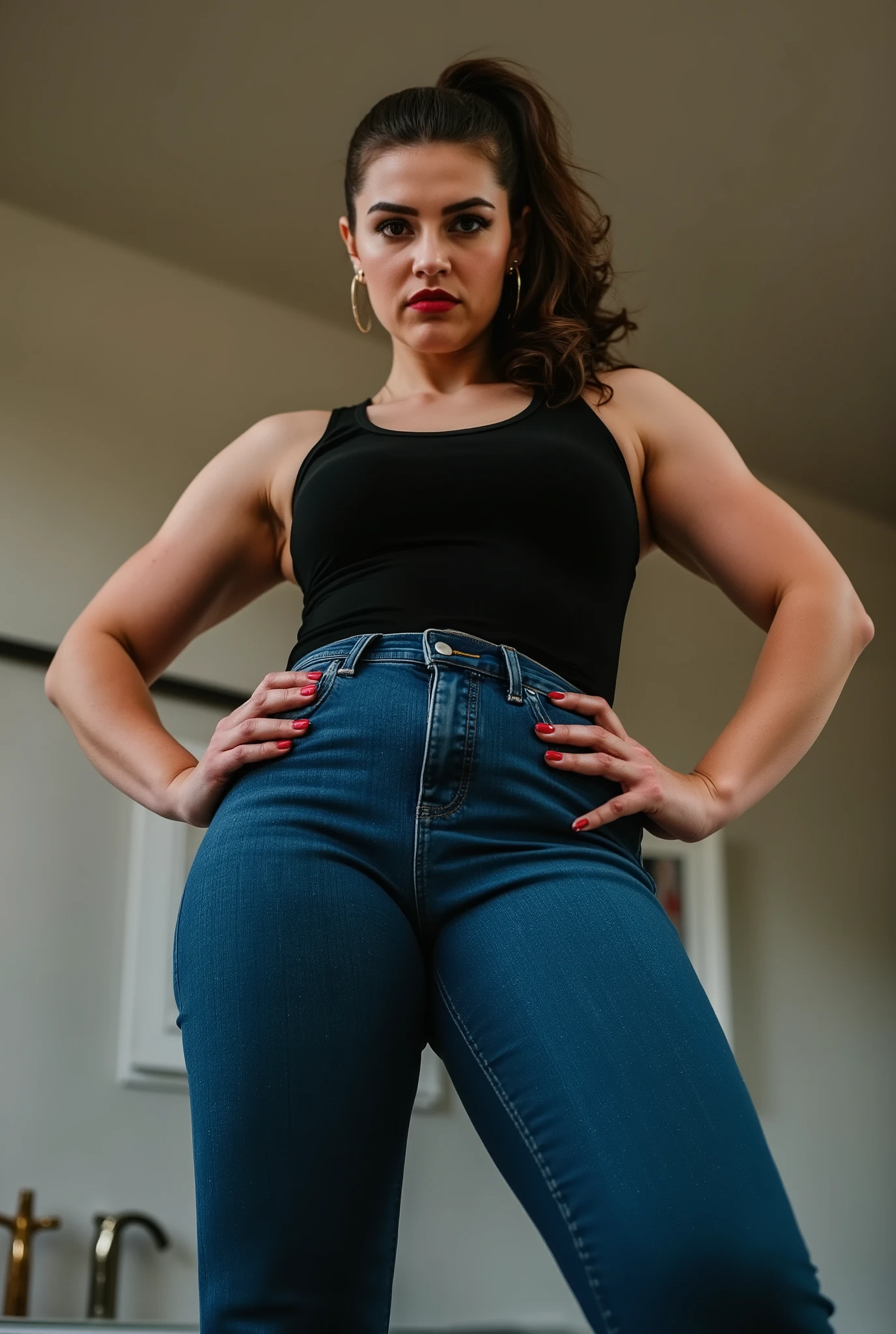 authoritative female figure shot from submissive low angle, curvy European woman with powerful stature and commanding presence caught in candid moment, hands firmly placed on hips in confrontational posture, athletic silhouette with emphasized wide hips and strong legs, tight blue jeans showcasing muscular thighs, minimalist black tank top revealing defined shoulders and strong physique, wavy dark brown rockabilly-inspired hair in high voluminous ponytail, intense direct eye contact with stern confident expression, naturally dominant posture, extremely low camera angle creating imposing perspective with ceiling visible, perfect full daylight with professional lighting setup creating ideal shadow definition across facial features and body contours, photorealistic, high-end fashion photography