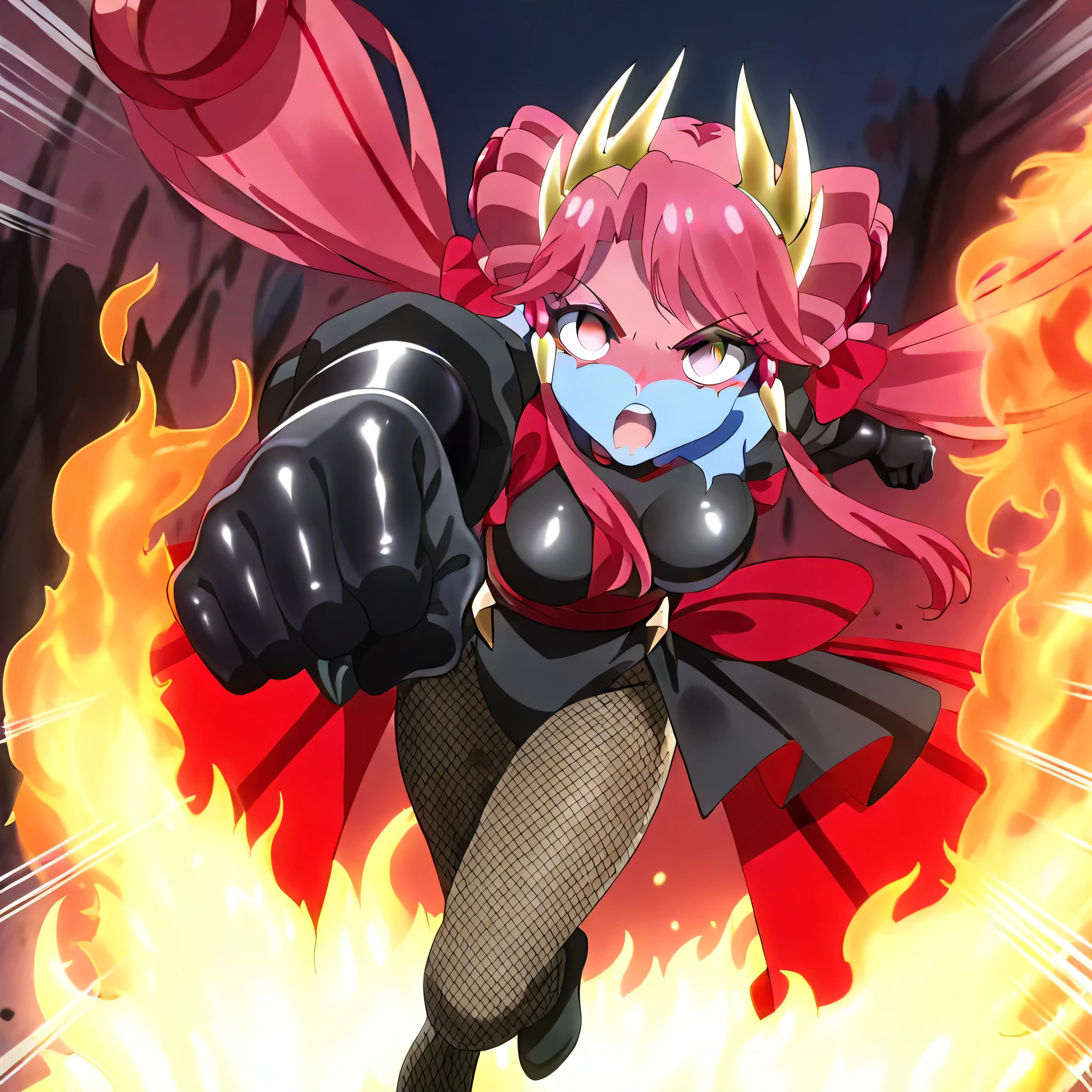 (((Masterpiece))), (((Best Quality))), ((Super Detail)), ultra-High resolution, score_9,score_8_up,score_7_up,score_6_up,score_5_up,score_4_up, BREAK, source_anime, anime screencap, uncensored, Masterpiece, (best shadow), (absurdres), (detailed background), (very aesthetic), detailed beautiful eyes, outstanding, an exquisite animation illustration, curvy, highres, shiny clothing, dark persona, empty eyes, blank eyes, shocker, black leotard, latex elbow gloves, brown fishnet pantyhose, blue skin, colored skin, red sash, makeup, red skin, (((solo, 1girl))), hair ornament, pose, submissive pose, anime style, anime coloring, animification, megami magazine, pose, dynamic angle, cinematic angle, dutch angle, medium , princess zeal, pink hair, red hair, multicolored hair, twin tails, very long hair, sidelocks, shiny hair, quad tails, double bun, parted bangs, hair rings, eyelashes, eyebrows visible through hair, pink eyes, tiara, hair ribbon, hair tubes, hair flower, :o, pink theme, angry, clenched hand, quarter note, v-shaped eyebrows, floating hair, standing on one leg, punching, leg up, magic, fighting, fighting stance, dynamic pose, action pose, incoming attack, speed line, motion line, foreshortening, attack, full body, clenched fist, fist, punching, incoming punch, incoming attack, open mouth, punching at viewer, fire, flame, blazing, outdoor, apocalyptic background, apocalyptic sky,