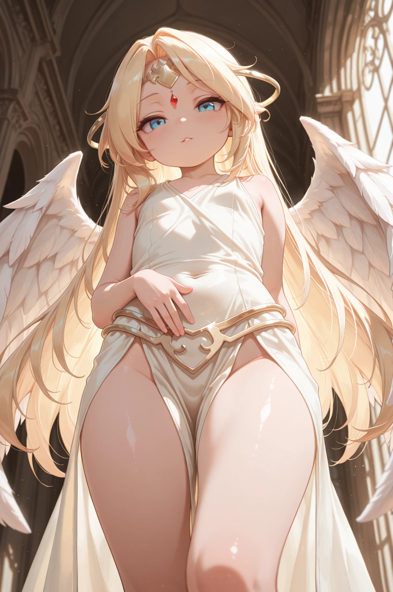 flat chests, ????, masterpiece, 1 girl, ????? ???????, intricately detailed, ???????, navel, ???? shoulders, necklace, blonde, long hair, white skirt, angel wings, flying, extremely detailed, photorealistic, octane render, 8 k, unreal engine, ???? ???????, puffy ???????, blue eyes, extending hand, sky, fantasy, enchanted, angel, ???? stomach, sweaty, child, small ???????, flat ?????, arm strap, full body, halo, wings, feathers, light, smiling, outdoors, bangs between eyes, hair ornament, white sarong, gold thigh strap, young girl, hand cuff, chain