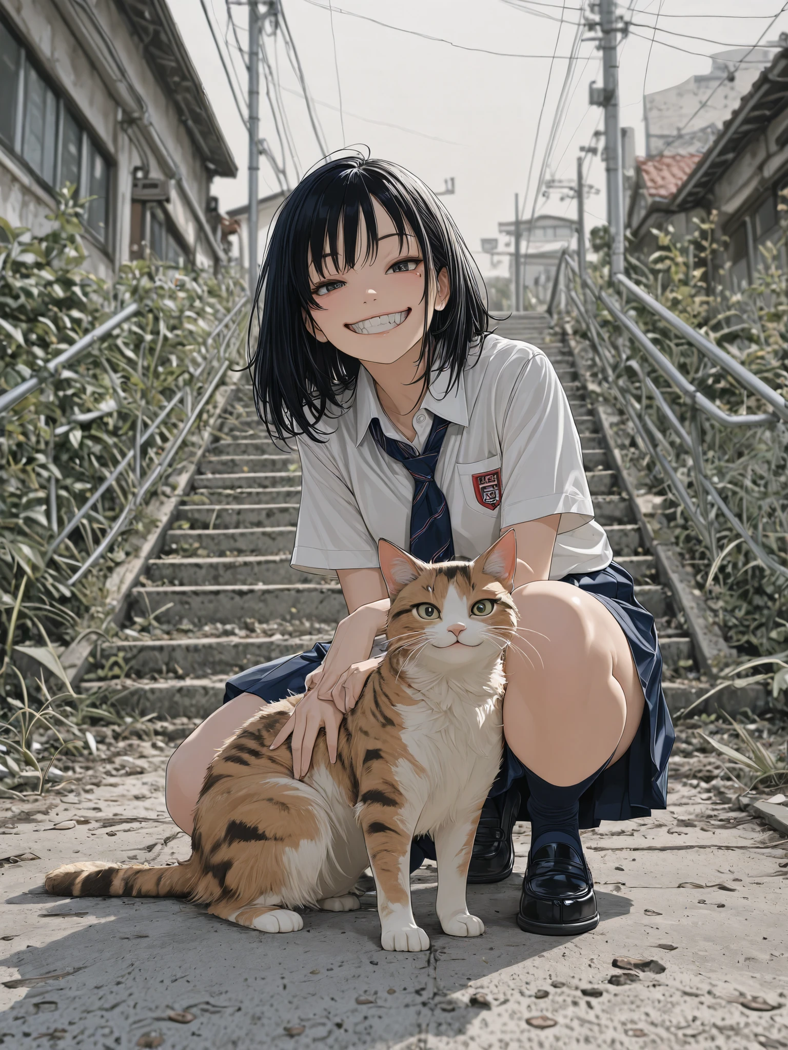 VH3S, NijiDetl, (masterpiece:1.2) ,(ultra quality:1.3) ,(highly detailed), detail face, detail skin, 1girl,, wearing school uniform placing a cat on lawn. Both cat and the girl are looking at viewer with the same evil exaggerated grin, Japan, late spring