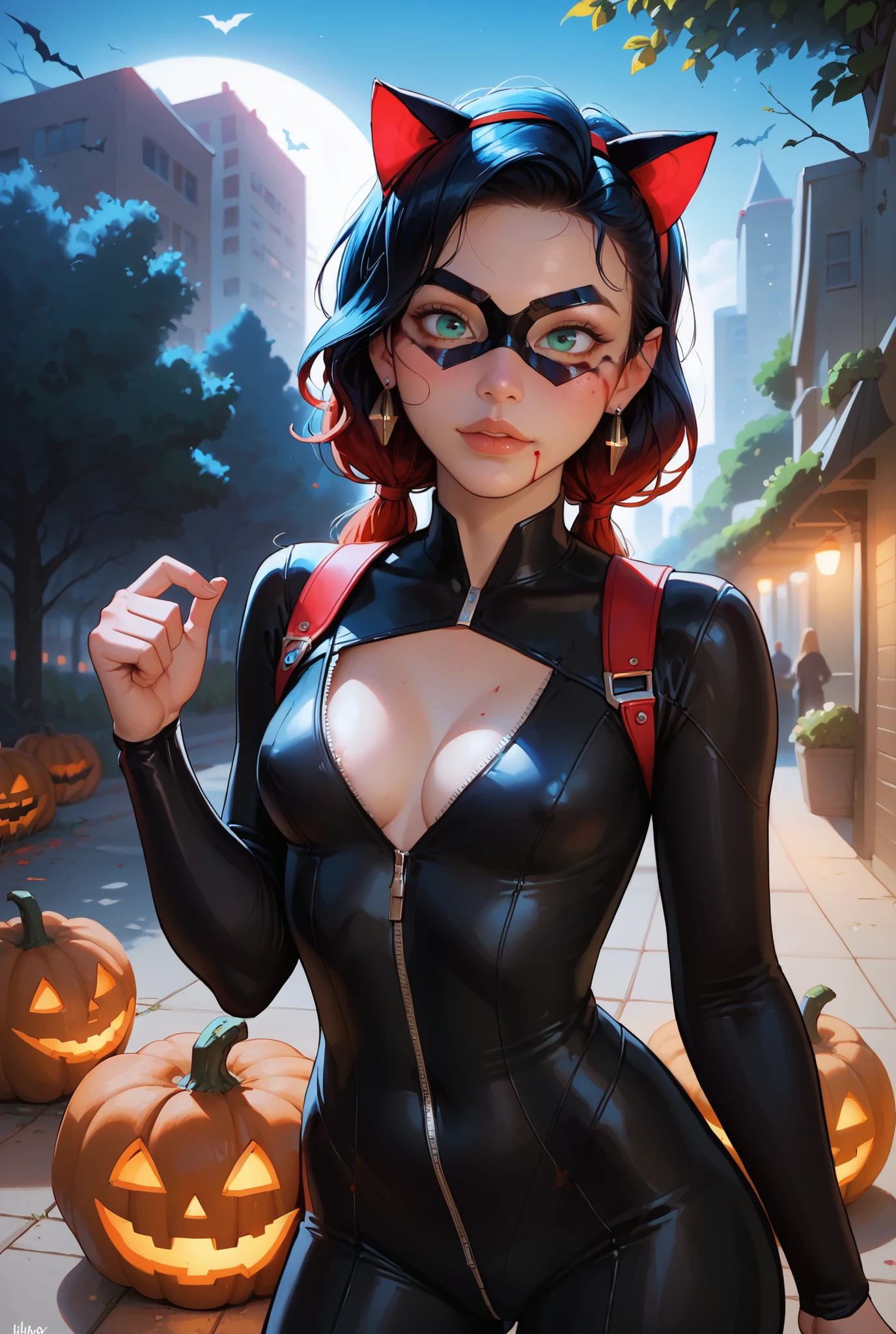 score_9, score_8_up, score_7_up, realistic lighting,  silhouetted, 
1girl, miraclady, 1girl, solo, blue hair, low twin tails, medium hair, blue eyes, hair ribbon, domino mask, earring, big ass, black mask, domino mask,small breasts, small pupils, naive look, black bodysuit, black suit, tight bodysuit, in the park, night, standing, blood on face, blood on lips, red highlights, ripped bodysuit, ruined makeup, headband with cat ears, hallooween, halloween city, park alley, leather suit, green eyes, standing, trees, pumpkins, cleavage, deep cleavage,  areola peek, unzipped suit, slave in hand,close up, face focus