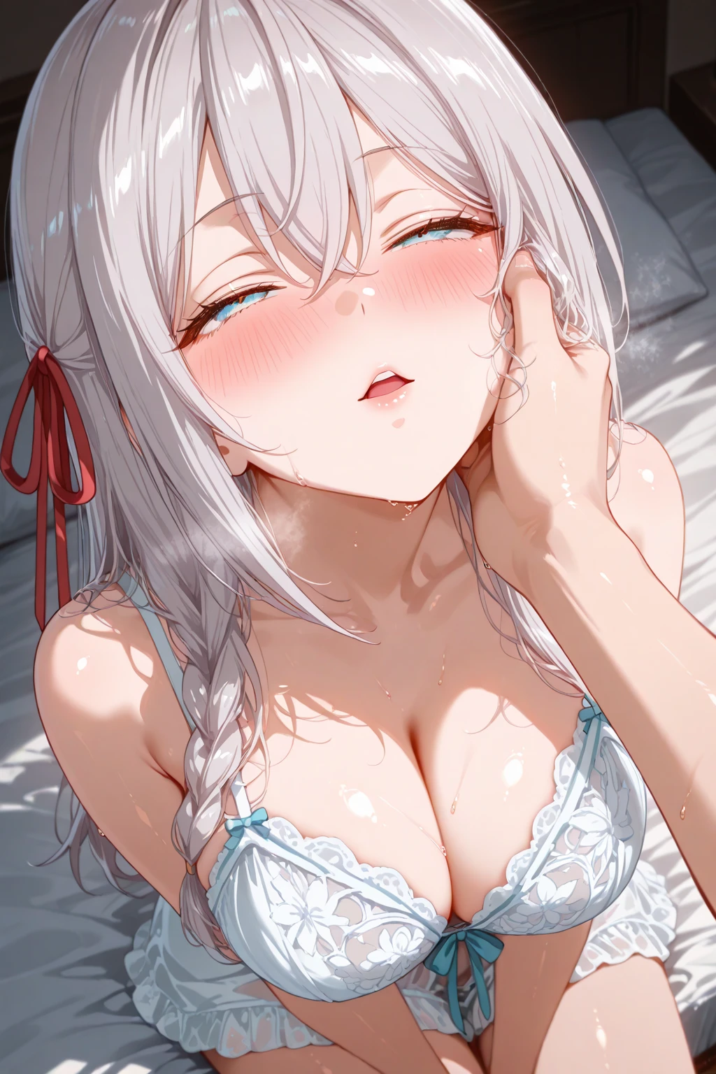 masterpiece,best quality,amazing quality,<lora:carlotta_wuwa_ilxl_goofy:1>carlottaWuwa, hairband,pink bow,striped bow,hair ornament,ahoge,medium breasts,  long hair,grey hair,parted bangs,   1girl, breasts, nipples, jewelry, earrings, bow, blush, open mouth,   collarbone, simple background, upper body, large breasts,cum in mouth, rolling eyes, mouthful , cheek bulge,