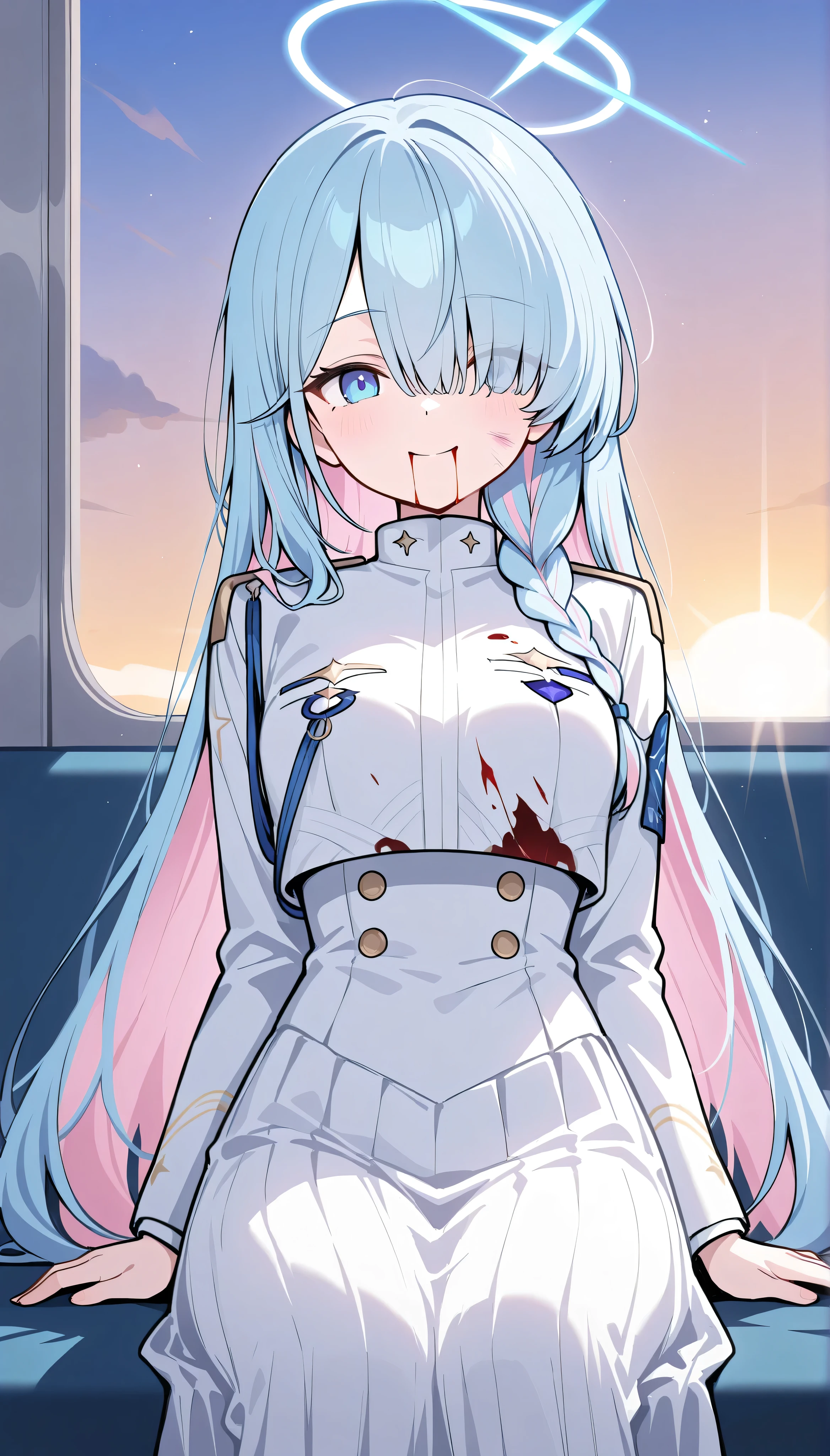 gscpresident,  blue hair, pink colored inner hair, long hair, braid, hair over one eye, halo, medium breasts,　solo, I can see my eyebrows from the inside of my hair, hair between eyes,　  masterpiece, Best Quality, very aesthetic, smile,　indoor, train, (deep wound on breast:0.9), ((bleeding)), sit, sunrise,dawn, solar, ((head out of frame)),bloody,cowboy shot, Serious injury, heavy bleeding,　bruise, bruised skin, contusion, torn clothes, long skirt, Bleeding from the mouth:0.2,　bloody clothes,