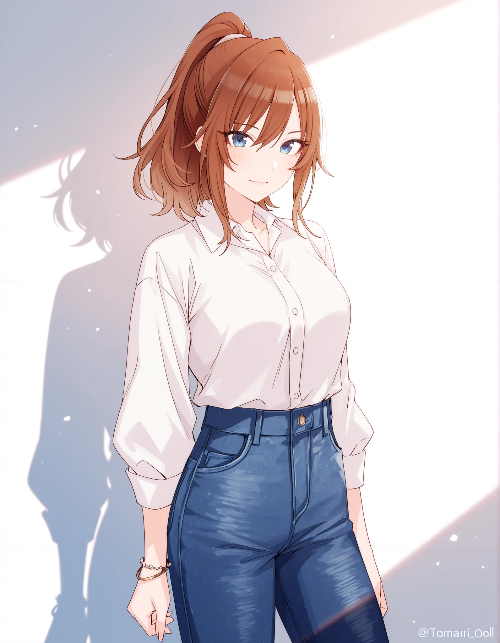 tomari-veryberry00-style, 1girl, brown hair, blue eyes, tsurime, ponytail, white shirt, collared shirt long sleeve, denim pants, long pants, bracelet, ,  cowboy shot, thighs, indoor, light smile, looking at viewer, , 
<lora:XL-Tomari-veryberry00-ILXL:1>, (masterpiece),(best quality),(ultra-detailed),(best illustration),(best shadow),(absurdres),(detailed background),(very aesthetic),