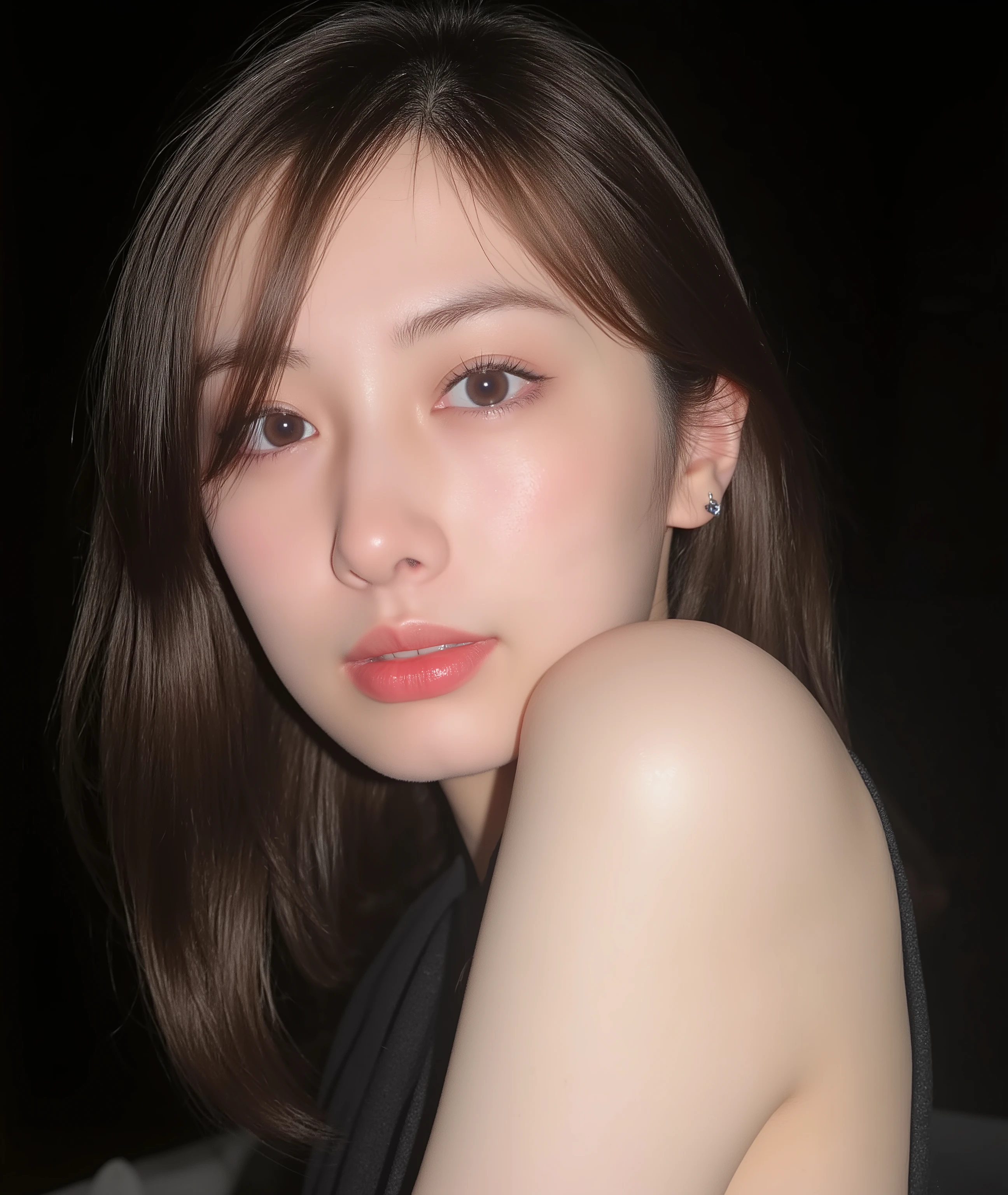 The image is a close-up photograph of a young Asian woman with a fair complexion. Her face dominates the frame, occupying the majority of the image, with her eyes, nose, and lips prominently visible. She has large, almond-shaped eyes with long, thick eyelashes, and her skin is smooth and soft. Her lips are full and slightly parted, revealing a natural, rosy hue. She wears a small silver stud earring in her left ear, adding a subtle touch of personal style.

Her hair is long, dark brown with subtle highlights, and it partially covers her forehead, giving a slightly tousled, casual look. The background is out of focus, but it appears to be a dark, possibly indoor setting, which emphasizes her face and provides a stark contrast to her light complexion. She is wearing a black garment, possibly a top or a sleeve, which is visible at the bottom of the image. The overall mood of the photograph is intimate and personal, capturing a candid moment with a natural, unfiltered aesthetic.