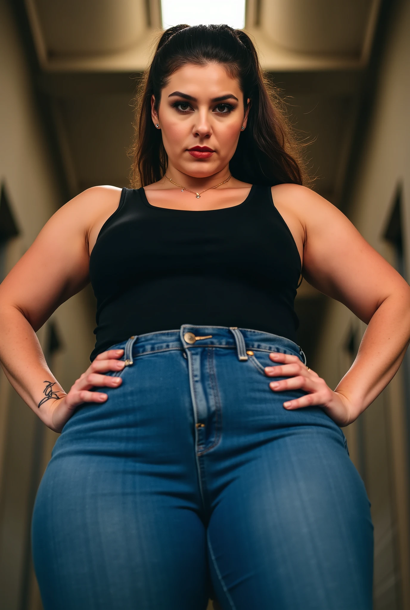 powerful curvy woman photographed from front and below, imposing direct portrait, strong European female with athletic thick legs and defined wide hips, both hands positioned assertively on hips in natural confident stance, form-fitting denim jeans highlighting strong thighs, black tank top revealing toned arms and shoulders, rockabilly-inspired dark brown wavy hair in high ponytail, piercing eyes with intimidating direct glare and stern facial expression, small decorative arm tattoos, dramatic low-angle photography creating towering dominance effect, pristine full daylight with perfect three-point lighting highlighting facial features and physique contours, architectural ceiling visible above, photorealistic detail